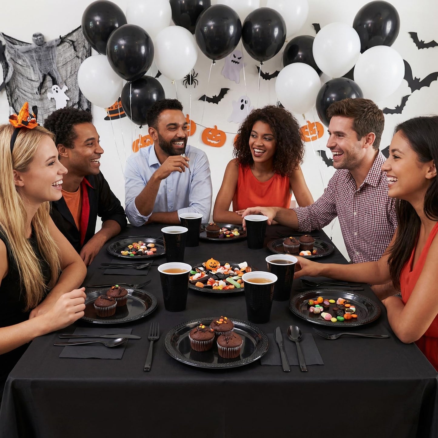 352 Pcs Black Plastic Plates Party Set, 50 Guests Disposable Dinnerware Set with Black Tablecloths, Elegant Black Plastic Plates Party Set for Wedding/Corporate Event/Formal Dinner/Gala