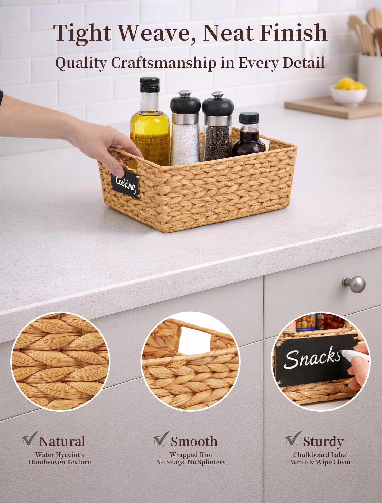 Panovox Pantry Organizers and Storage, Water Hyacinth Storage Baskets for Shelves, Natural Baskets for Organizing, Pantry Baskets with Chalkboard Labels and Marker