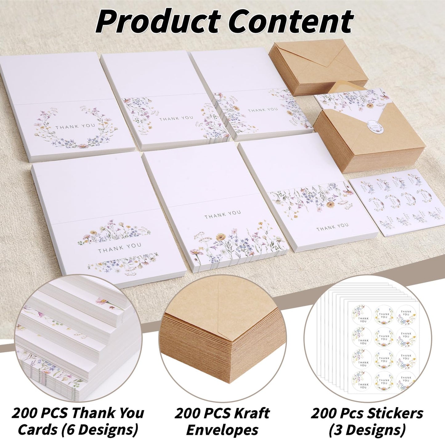 UZLU 600 PCS Floral Thank You Cards with Envelopes and Stickers, 4x6 Inch, 6 Wildflower Designs Thank You Notes, Greeting Cards with Envelopes for Wedding, Bridal Showers, Baby Showers