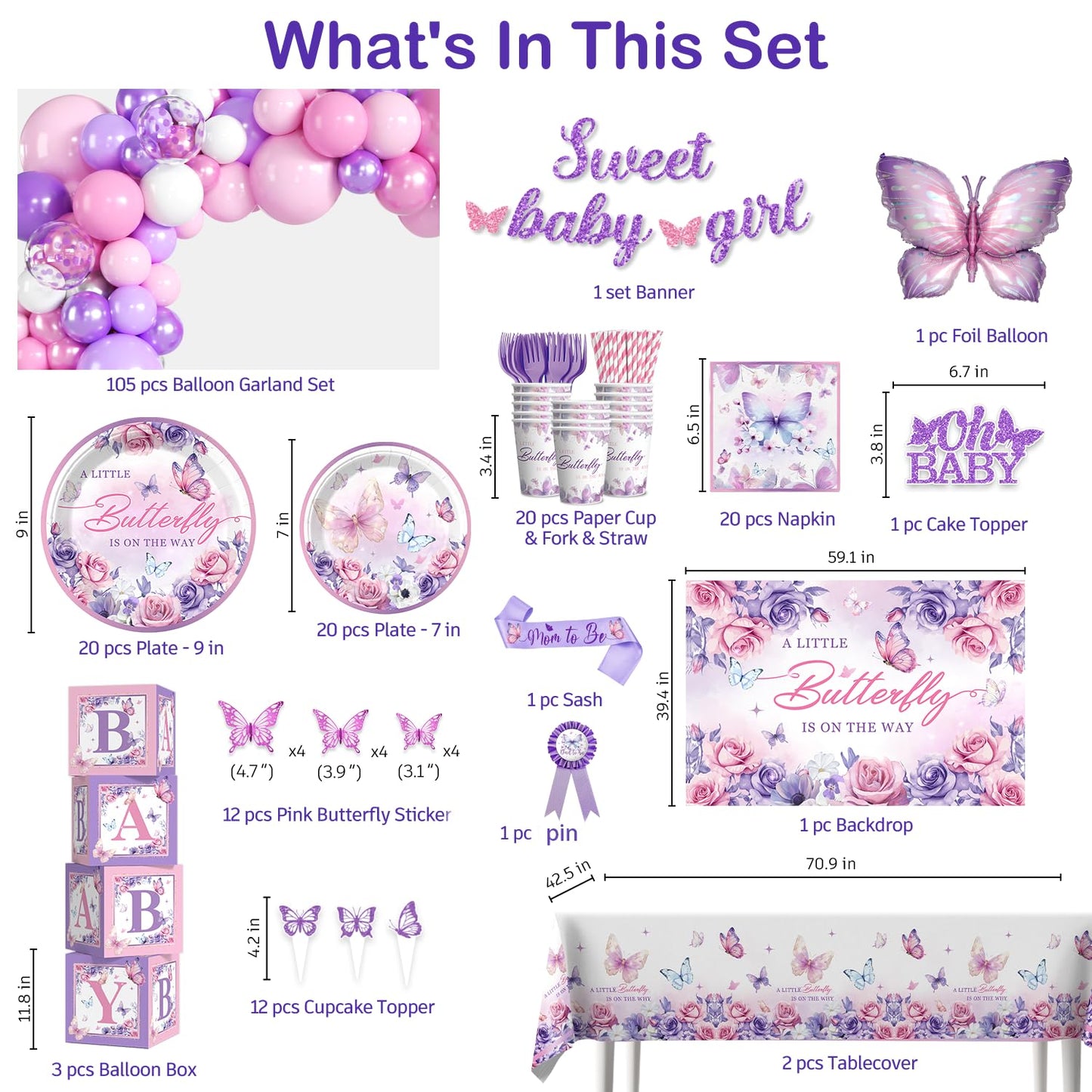 Butterfly Baby Shower Decorations Balloons Plates and Cups and Napkins Sets Purple Pink Sweet Baby Girl Baby Shower Themes A Little Butterfly is on Her Way Decorations for Girl