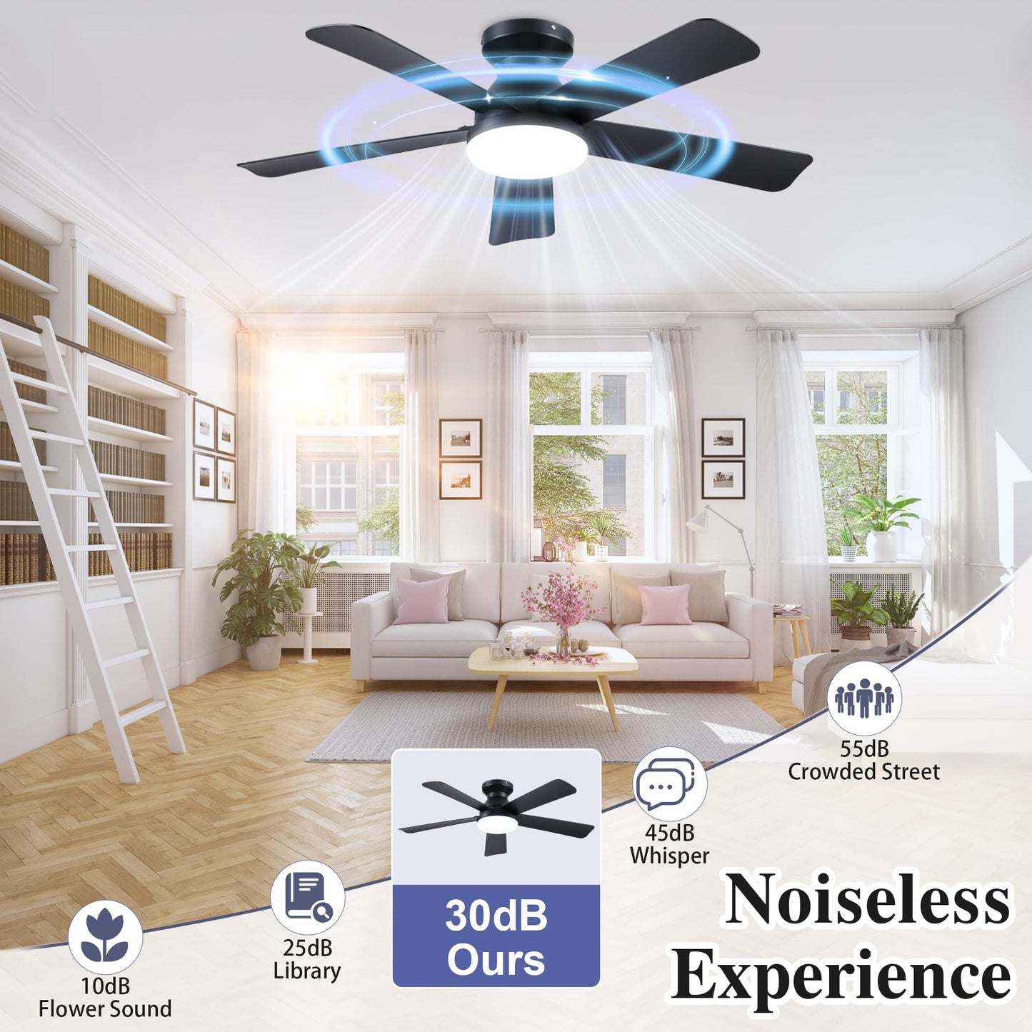 42 Inch Ceiling Fans with Lights and Remote Control, Indoor/Outdoor Flush Mount Low Profile Commercial Reversible Dimmable Ceiling Fans for Living Room Patio Industrial Shop, Black