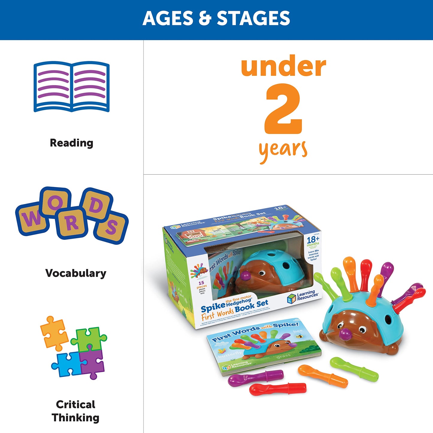 Learning Resources Spike The Fine Motor Hedgehog First Words - 15 Pieces, Age 18 Months+ Toddler Toys, Fine Motor Fun, Preschool Fine Motor Skills, Toddler Activity,