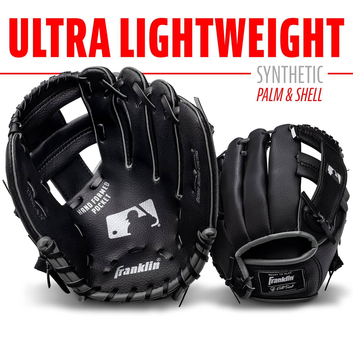Franklin Sports Tee Ball Glove - RTP Fielding Glove - MLB® Synthetic Leather Baseball Glove - Ready to Play Glove (RTP) - 9.5 Inch Right Hand Throw - MLB® Black with Ball