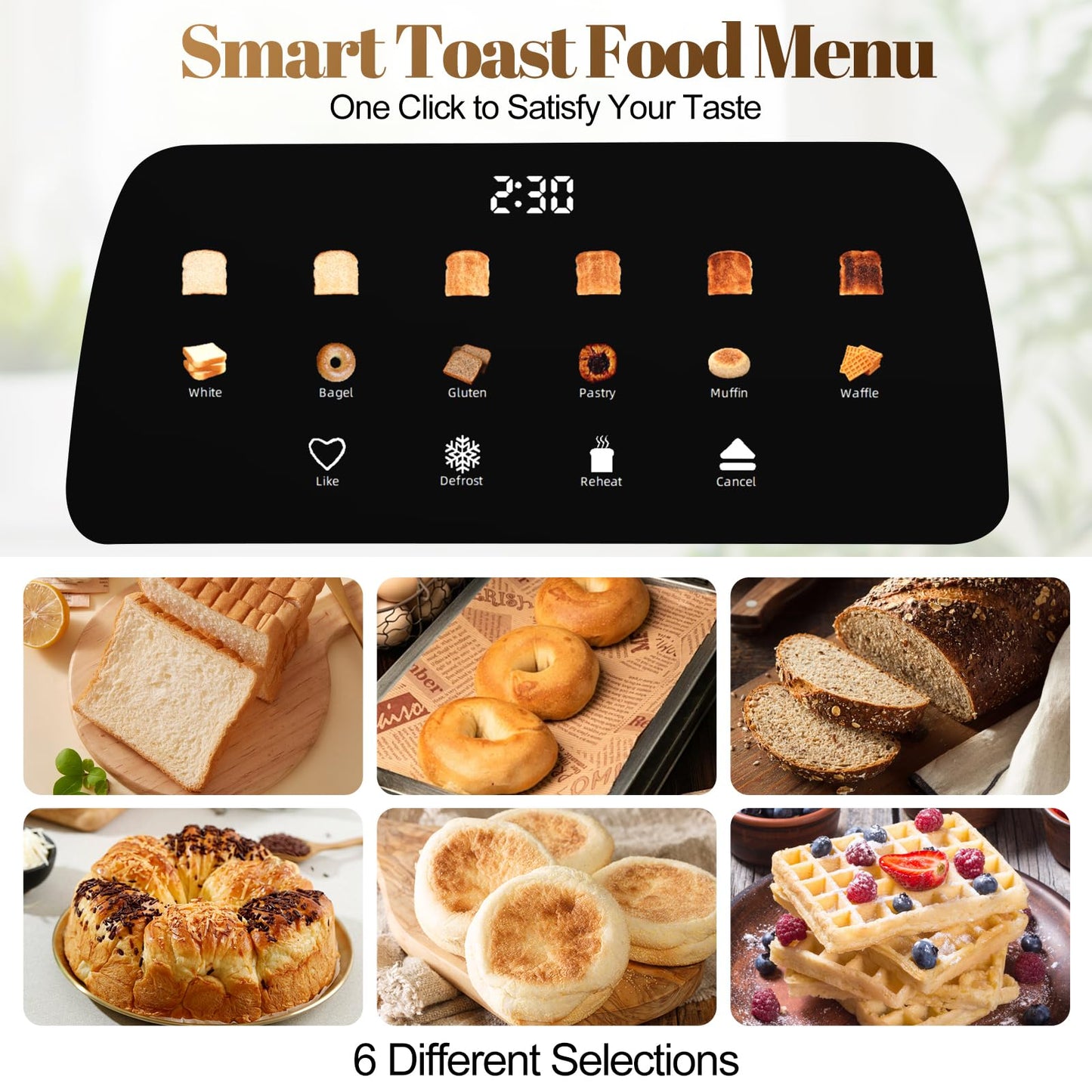 Tesslux 4 Slice Toaster with Touch Screen Control, 1.5" Wide Long Slots, 6 Browning Levels & 6 Bread Types, Digital Timer, Memory, Defrost, Reheat (Black)