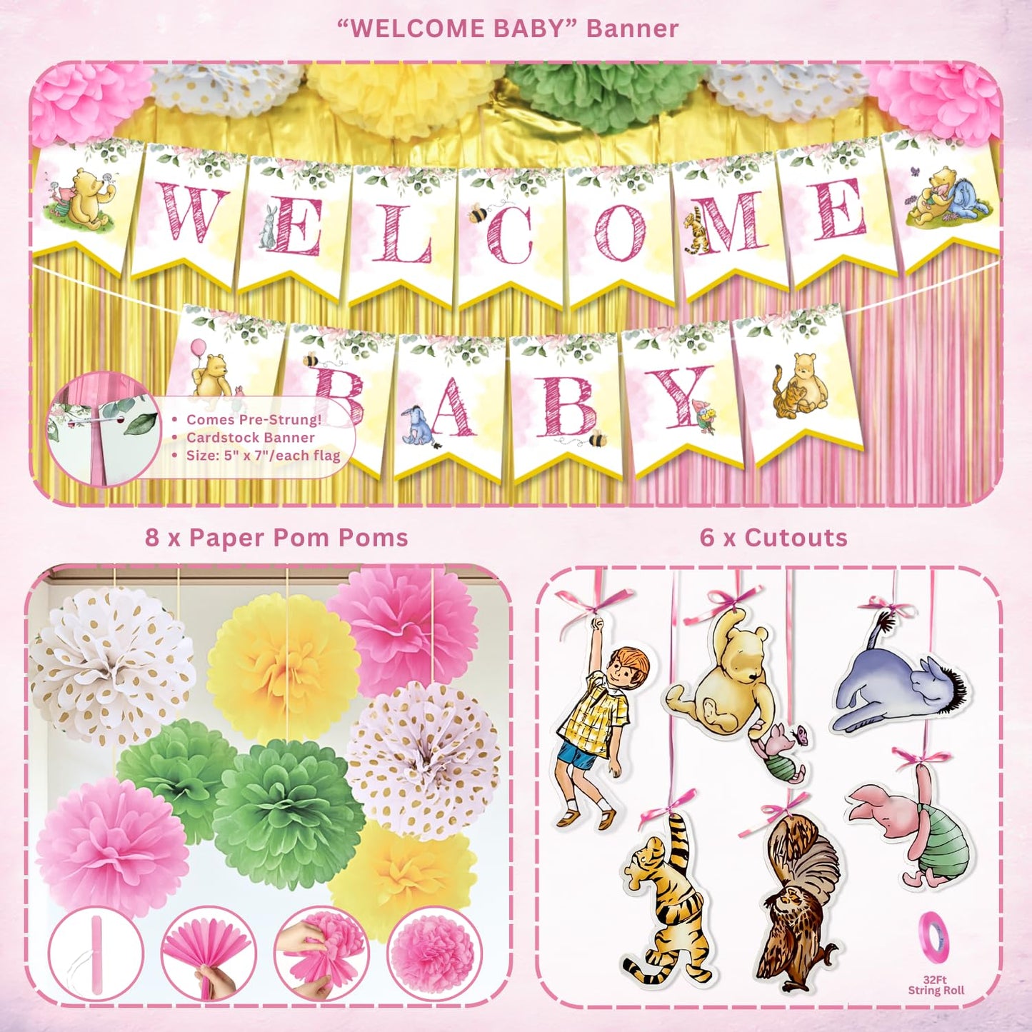 Winnie Baby Shower Decorations Pink – the Pooh Balloons, Backdrop, Welcome Baby Banner, Tablecloth, Cake Toppers, Pompoms, Sash & More – Classic Pooh Baby Shower Theme Party Decor