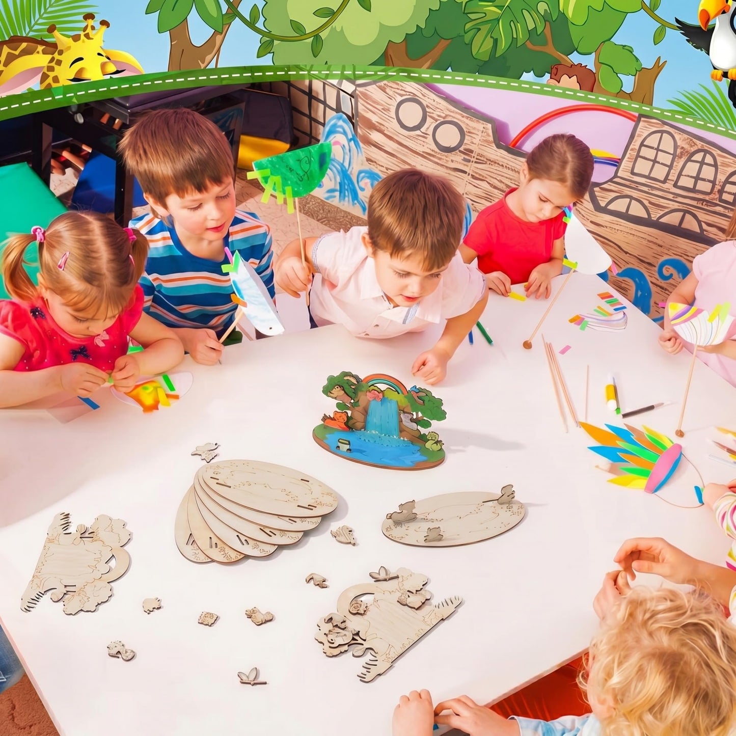 DoubleFill 24 Set 2026 Vbs Crafts Rainforest Animal Themed Craft Kits for Kids DIY Jungle Religious Wooden Cutouts Kit Tropical Animal Multi-Layer Crafts for Sunday School Church Bible Decor