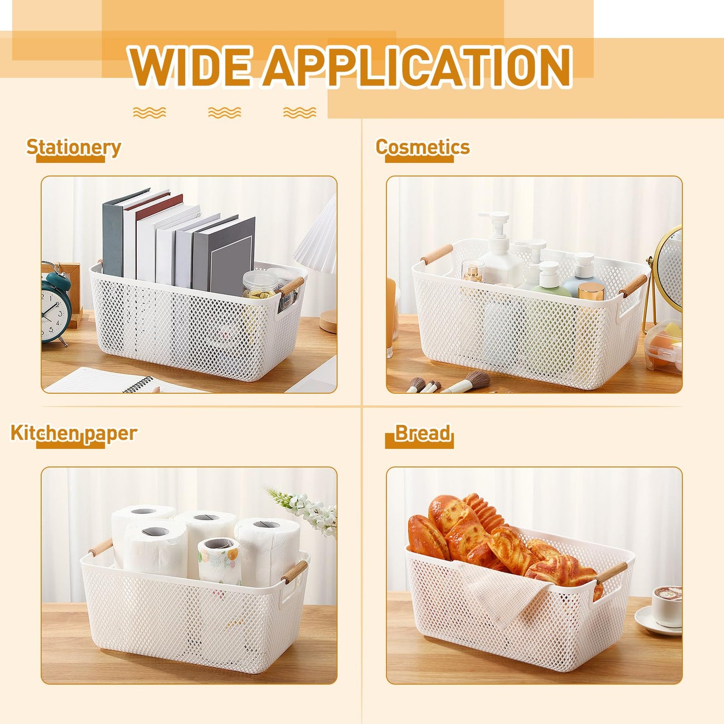 Tioncy 4 Pcs White Mesh Baskets with Wooden Handles Plastic Storage Organizer Baskets Pantry Basket Fruit Vegetables Gathering Basket Bin for Organizing Cabinet Closet Bedroom Kitchen(Large)