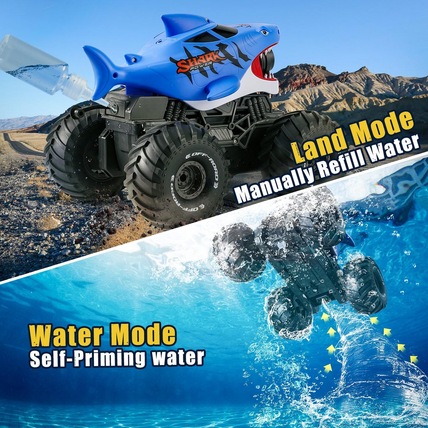 BOBXIN Amphibious Remote Control Shark Monster Truck with Water Squirt,4WD All-Terrain Off-Road 2.4Ghz Waterproof RC Stunt Car Pool Water Toys for Kids Age 6+
