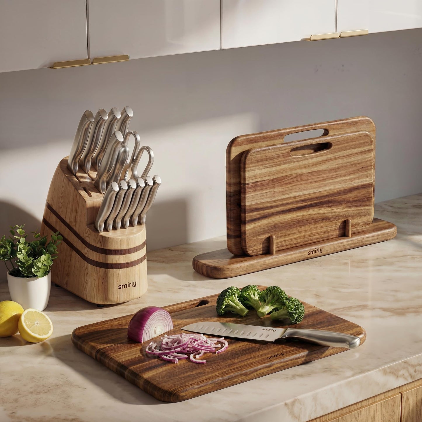 SMIRLY Wooden Cutting Boards for Kitchen, Double-Sided Cutting Board with Handle, Heavy Duty Solid Acacia Wood Cutting Board Set with Stand, 3 Pcs Cutting Boards Non Toxic for Meat Vegetable Fruit