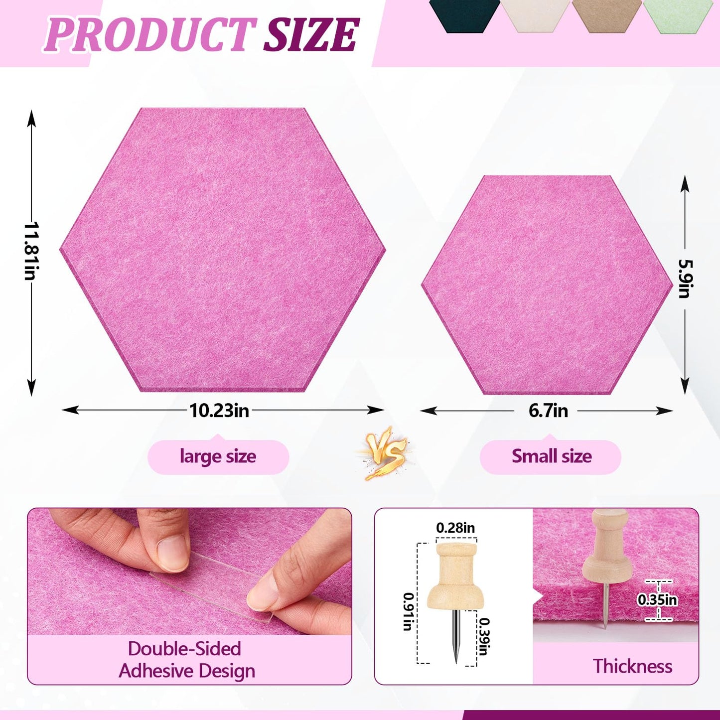 Mindsoft 16 Pcs Hexagon Cork Board for Walls with 50 Wooden Push Pins 12x10 in Felt DIY Tiles Notice with Nano Tape Hanging Bulletin Board for Home Photo Office Memo Note(Pink)