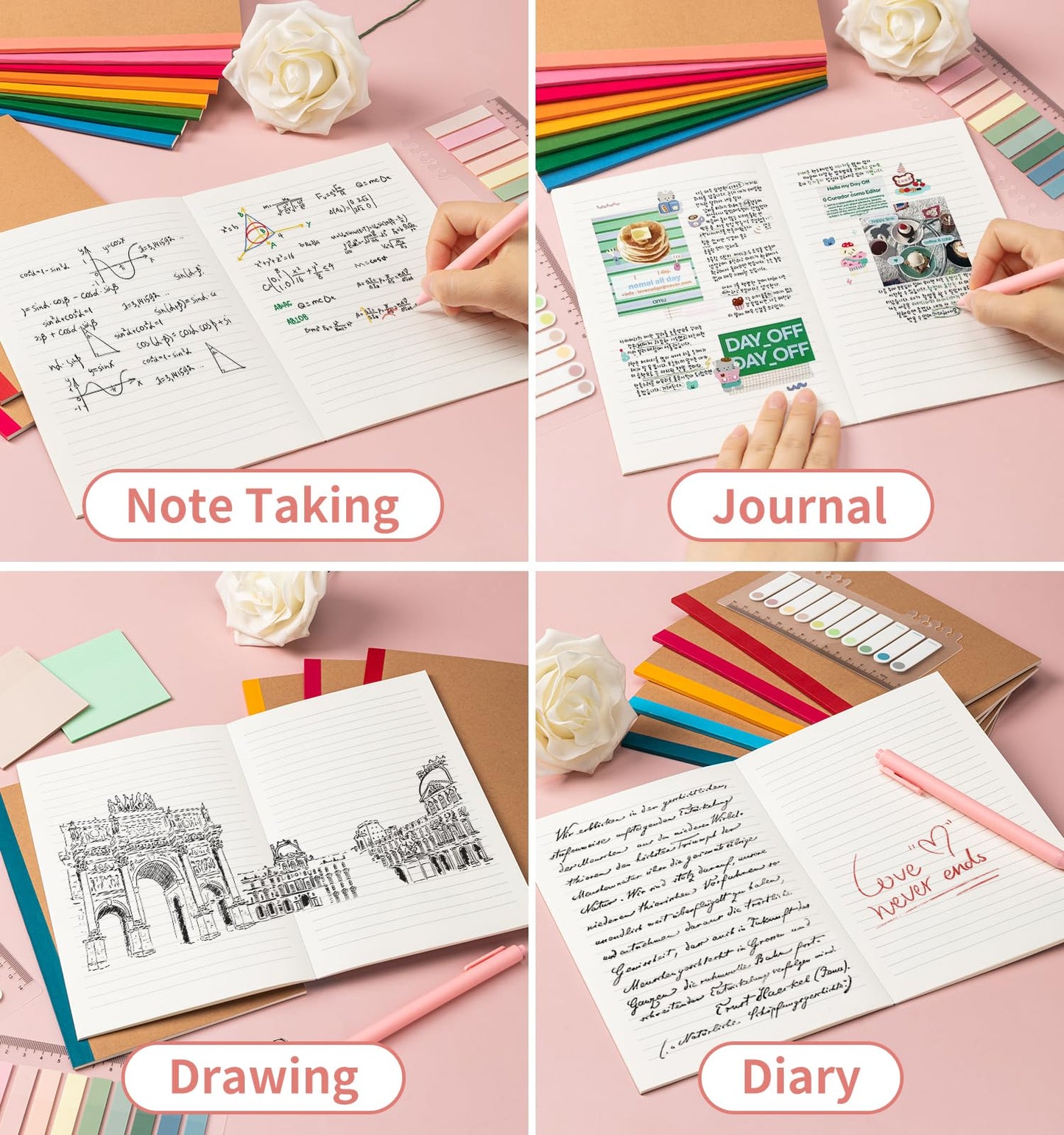 ALKALO 60 Pack Lined Notebook Journals Bulk, A5 College Ruled Composition Notebook, 8.3”x 5.5”, Kraft Cover with Rainbow Spines, 15 Colors 60 Pages for School Office Travel