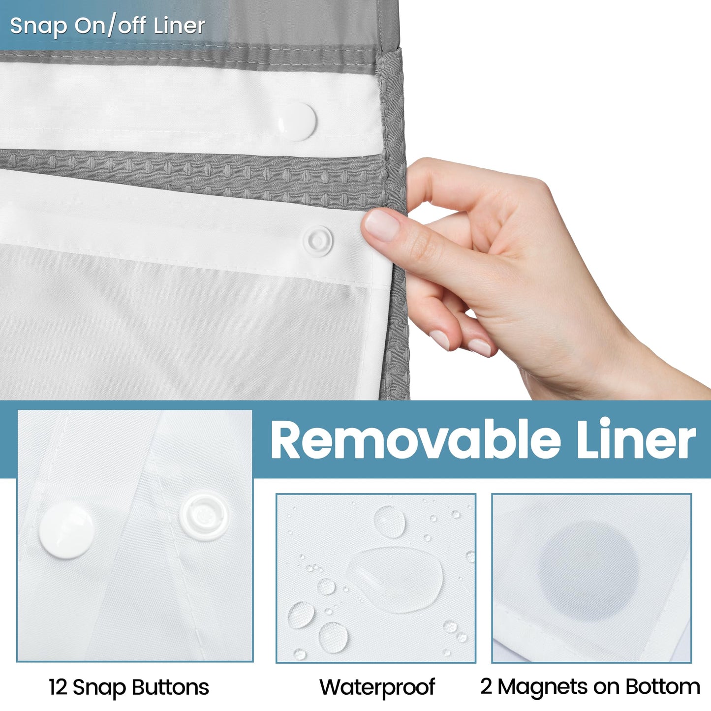EUTXL Heavyweight Stall No Hook Shower Curtain with Snap in Liner,256GSM Waffle Weave Shower Curtains for Bathroom,60W x 74H,Grey
