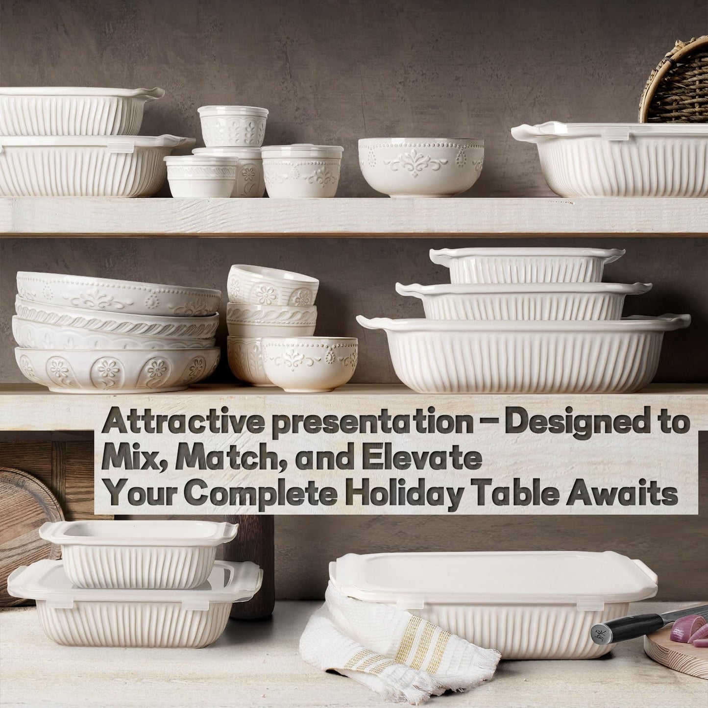 Artena Baking Dish 5.1 Quarts, Casserole Dishes For Oven, Baking Pan With Handles, Lasagna Pan Deep, Large Casserole Dish, Rectangular White Ceramic Bakeware (Baking Dish With Lids)