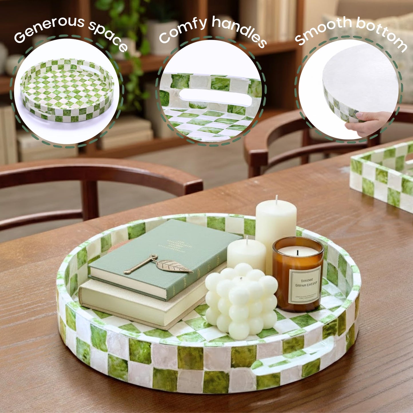 CHI AN HOME 12.6" Round Decorative Tray with Handles, Checkered Capiz Mother of Pearl Serving Tray for Coffee Table, Kitchen Counter, or Bathroom (Pistachio Green and White)