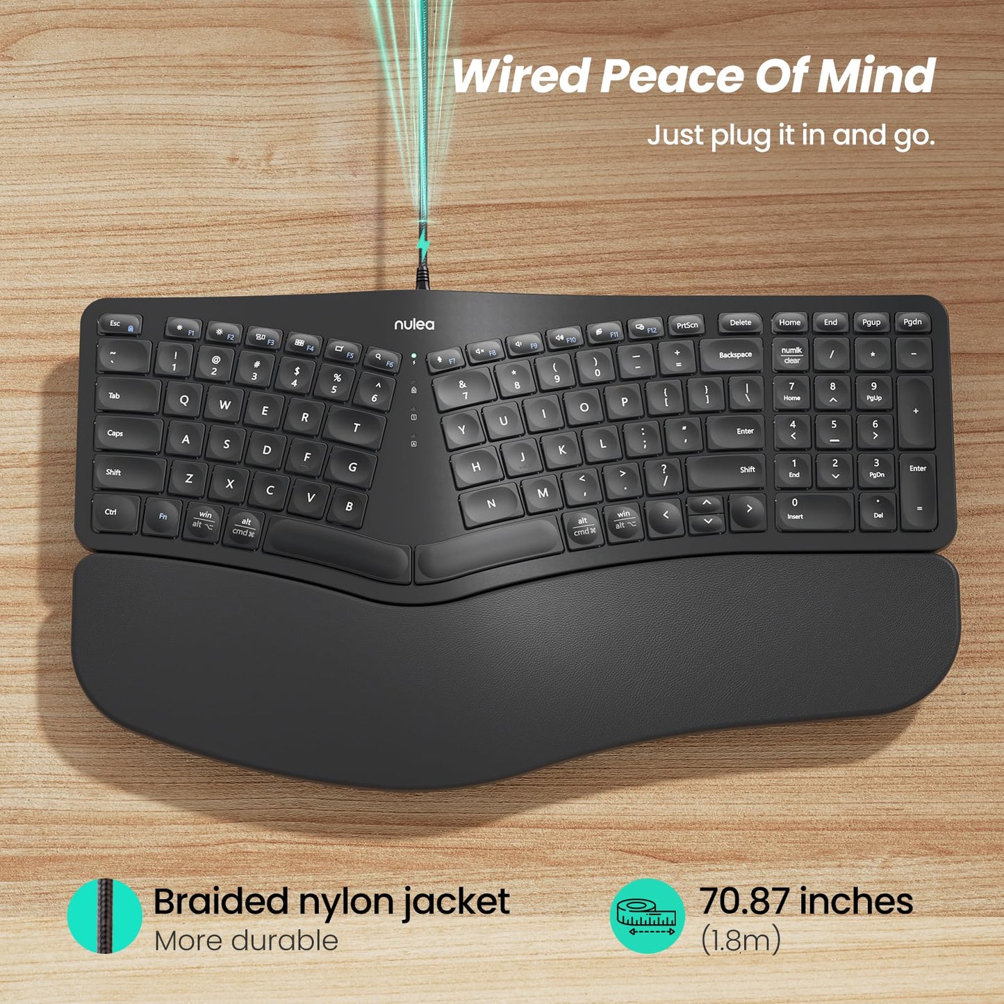 Nulea RT05C Wired Ergonomic Keyboard, Split Keyboard with Cushioned Wrist Rest, Adjustable Tilt Legs, Plug and Play, USB Corded, Compatible with Windows/Mac
