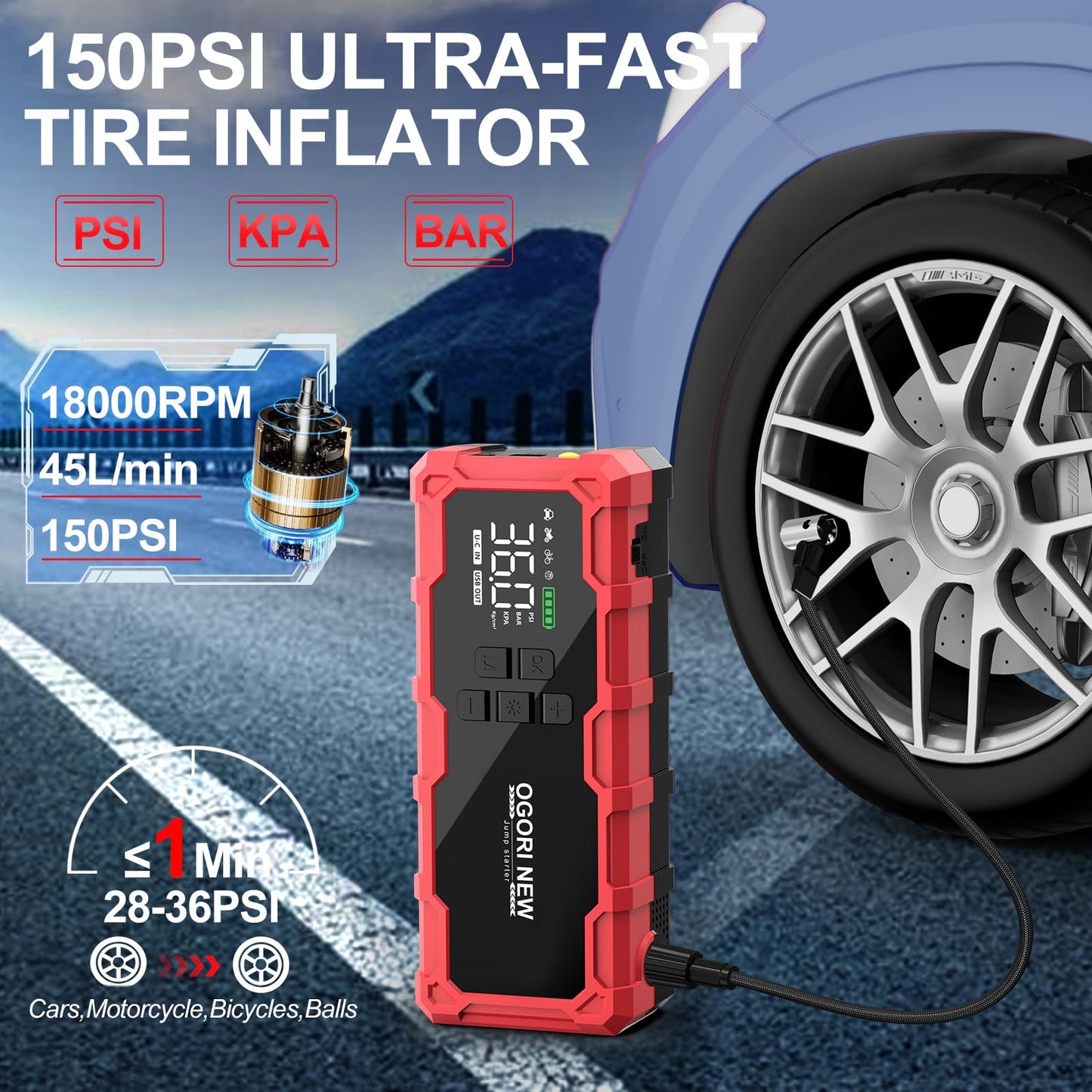 7000A Jump Starter with Air Compressor, 21800mAh 150PSI Portable Car Battery Jump Starter (All Gas/16L Diesel), 12V Supersafe Jump Box Car Battery Booster with Jumper Cables, Lights