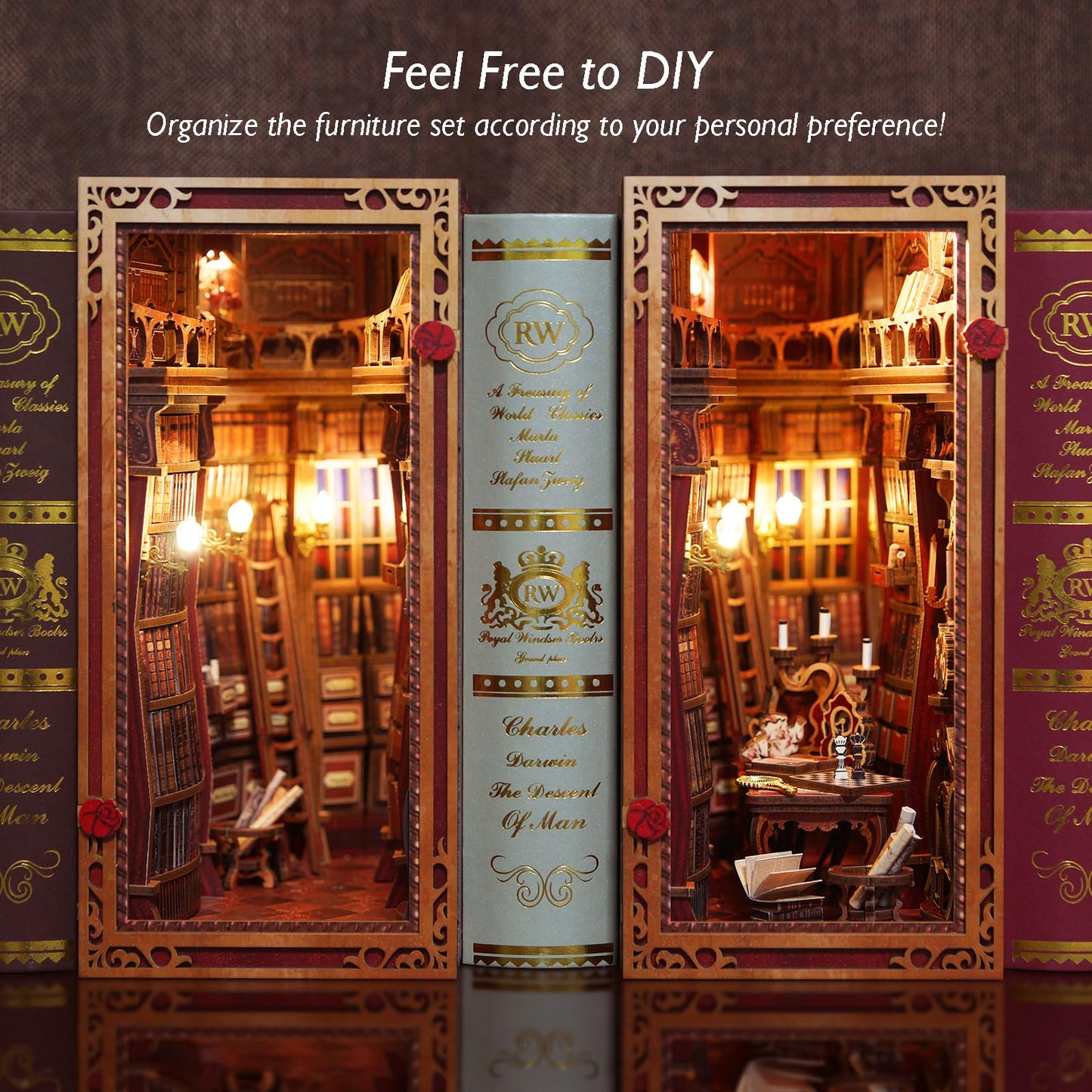 JOOHOUR DIY Book Nook Kit, Beauty and The Beast, Dollhouse Miniature, Booknook Bookshelf Insert Decor Alley 3D Wooden Puzzle, Bookends Model Building Kit with LED Light for Adults, Enchanted Library