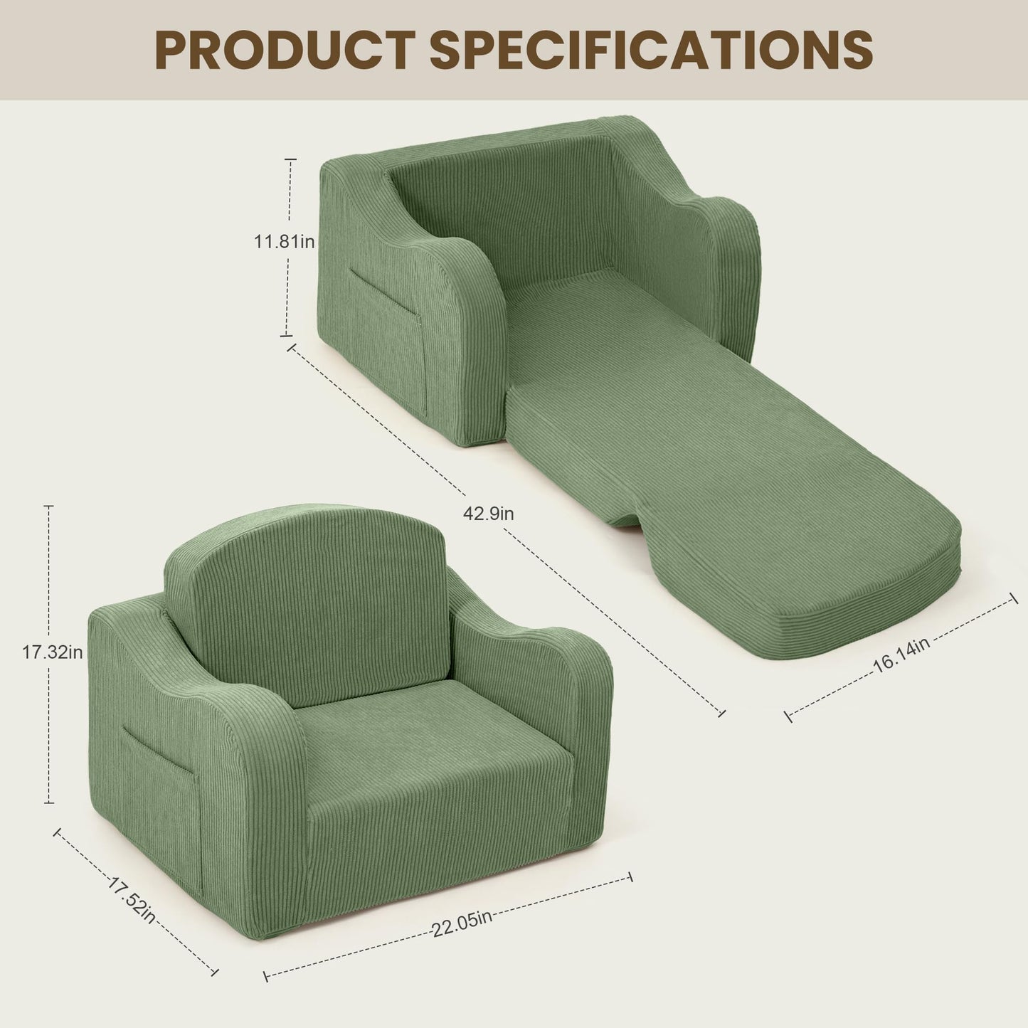 Airpanda Comfy Kids Chair and Couch, 2-in-1 Convertible Kids Sofa, Soft Fold-Out Design, Removable Washable Cover, Green