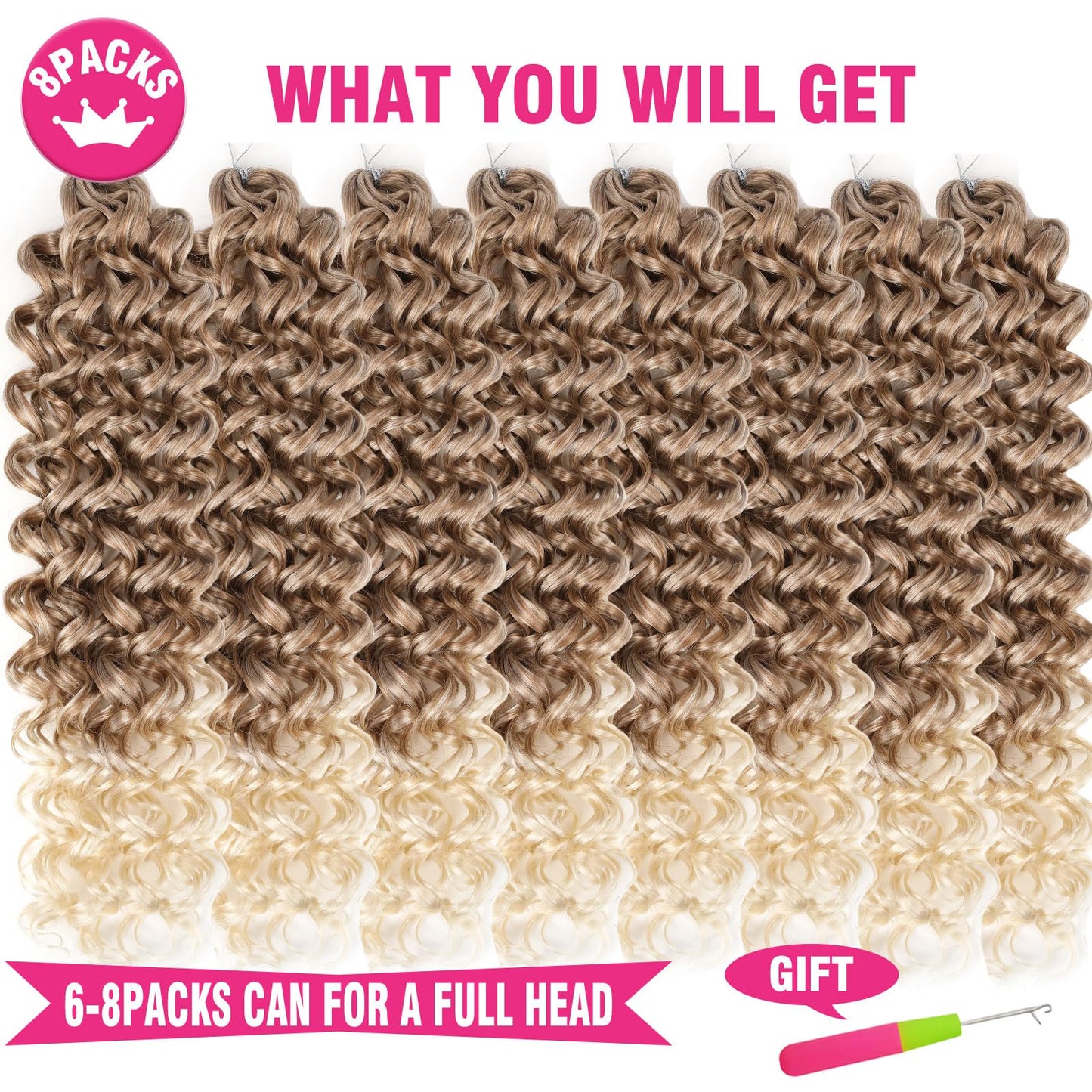 Unionbeauty 8 Pack GoGo Curl Crochet Hair Ocean Wave 18 Inch Water Wave Crochet Hair for Women Beach Curl Curly Crochet Hair Ombre Blonde Synthetic Curly Braiding Hair Extension T27/613#