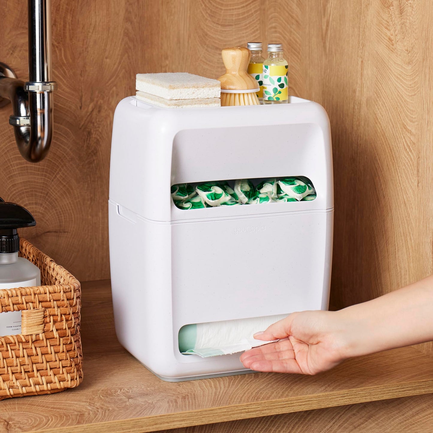 YouCopia SinkSuite Bag & Pod Dispenser, Standing Garbage Bag and Dishwasher Pod Organizer with Removable Lids for Storage, Speckled White