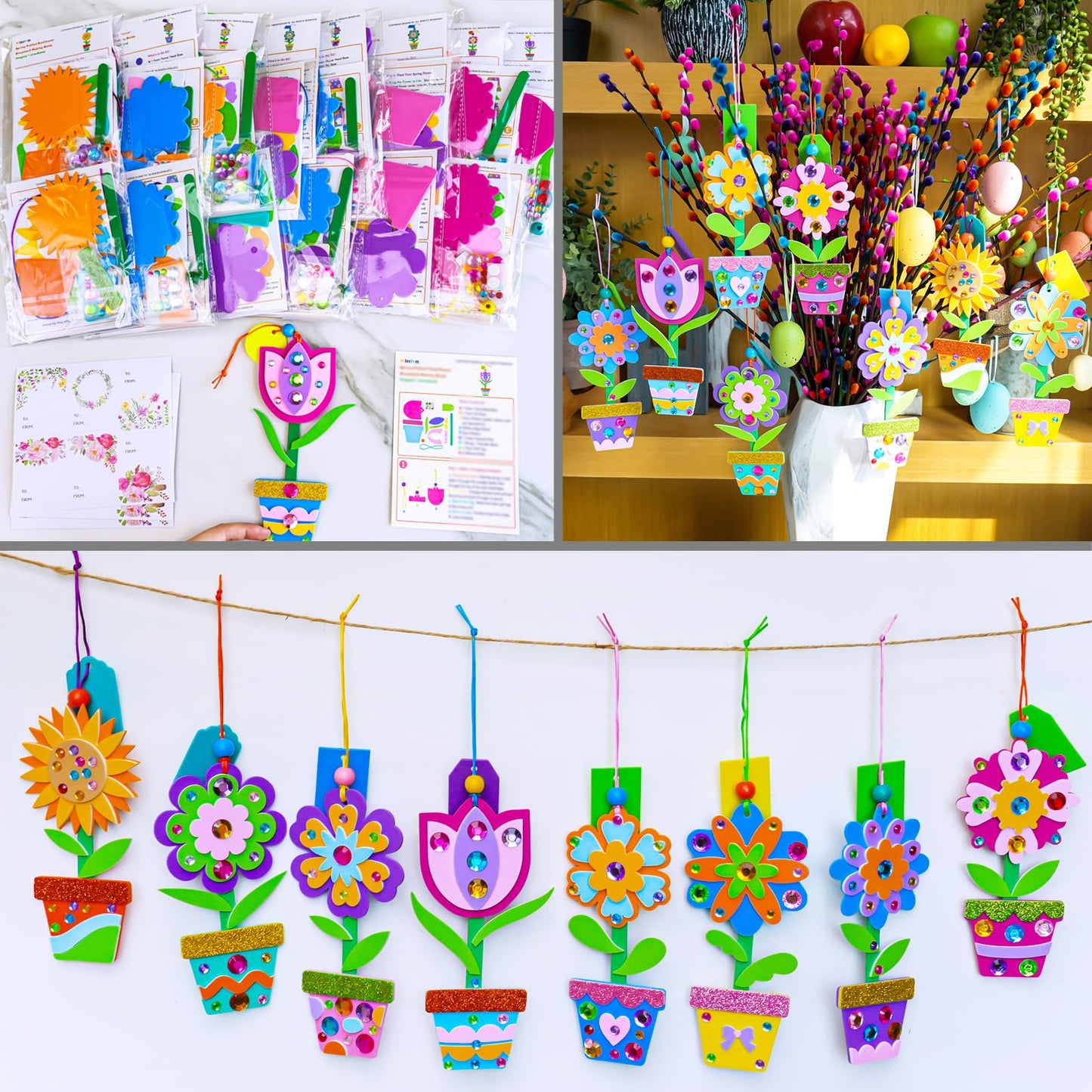 Winlyn 24 Sets Spring Potted Flower Craft Kits Kids Crafts DIY Potted Flower Ornaments Decorations Art Set Spring Flower Tulip Sunflower Stickers for Home Classroom Activities Party Favors