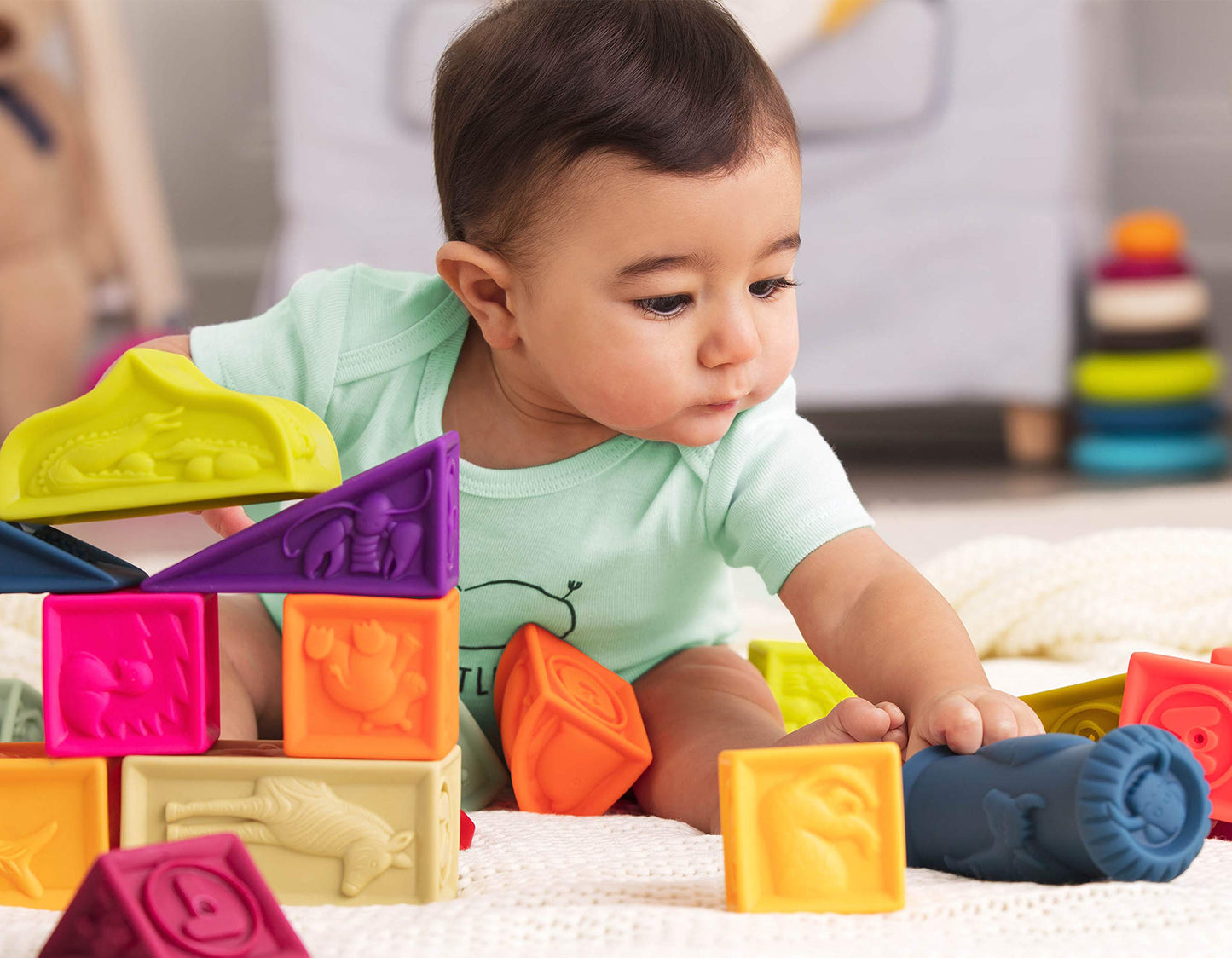 B. toys – Alphabet Learning Blocks for Babies & Toddlers – 26 Soft Squeezable ABC Blocks with Textured Animals – Educational Toys for Sensory Play, Bath Time & Early Development – 6+ Months