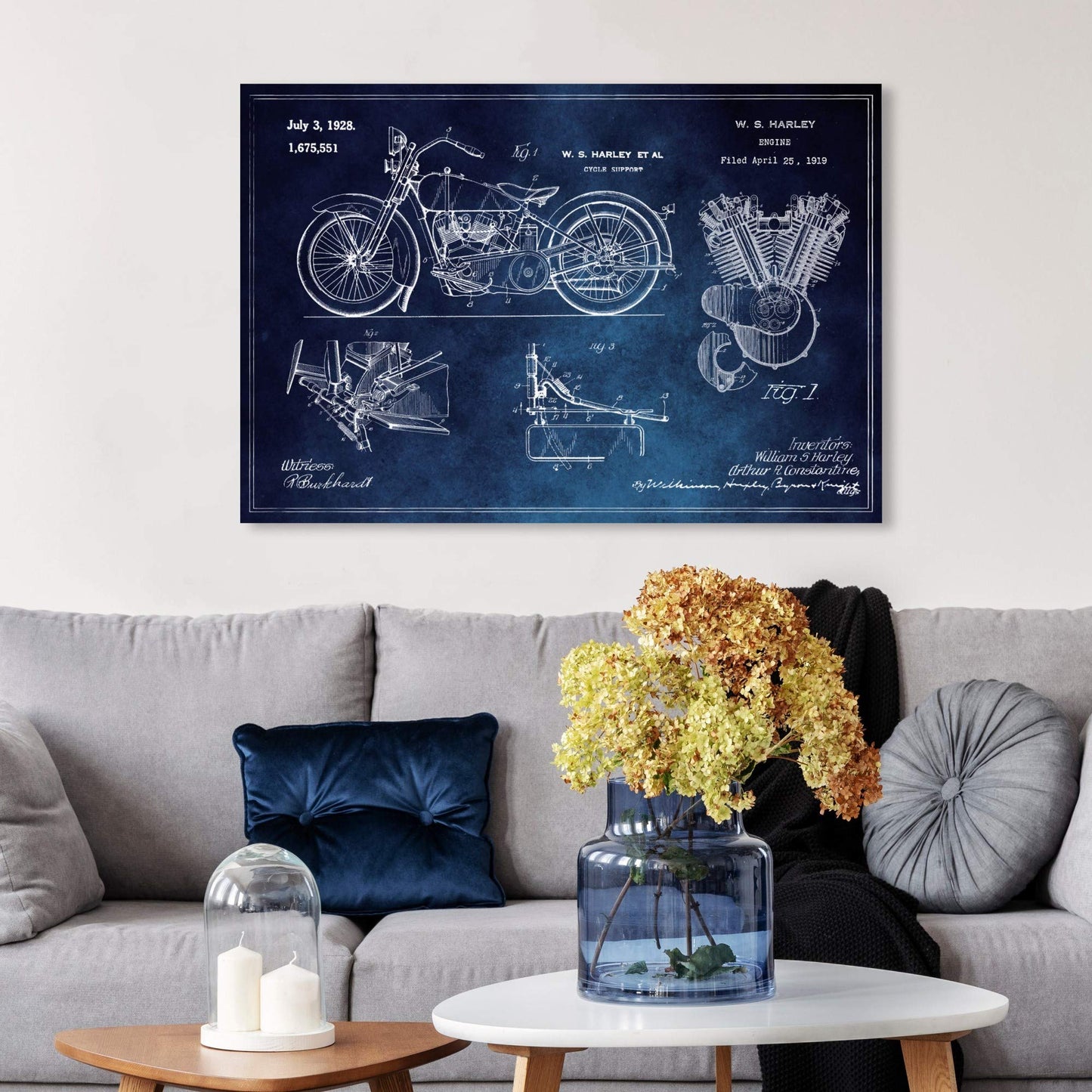 Wynwood Studio Transportation Wall Art Canvas Prints 'Harley Engine 1923 Set Horiz Chalkboard' Home Décor, 30" x 20", Blue, White