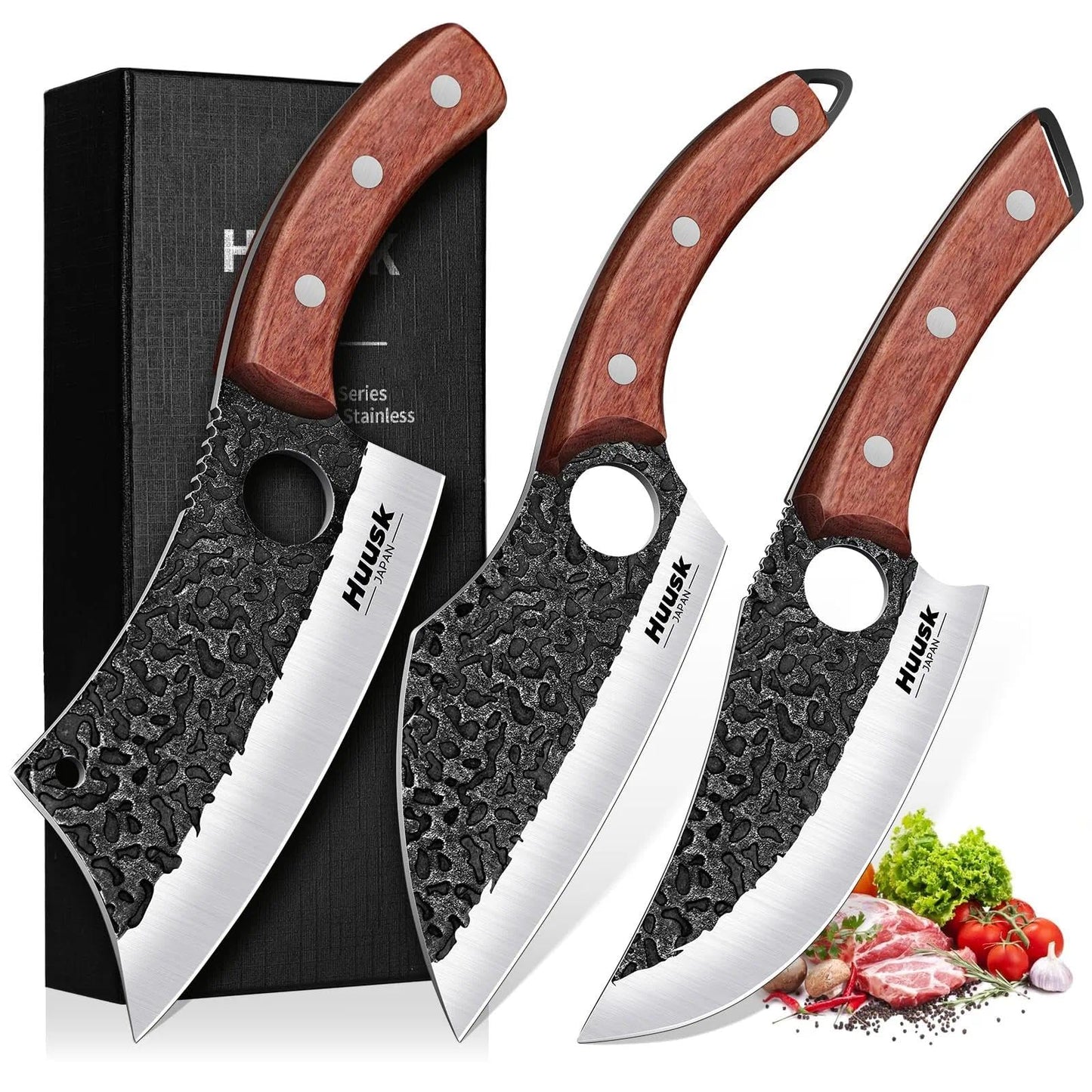 Huusk Butcher Knife Set of 3- Japanese Knife Set for Meat Cutting, Hand Forged Viking Knives Sets with Meat Cleaver, Heavy-Duty Kitchen Knives Sets for Bone BBQ Vegetable, Gift Idea for Men & Women