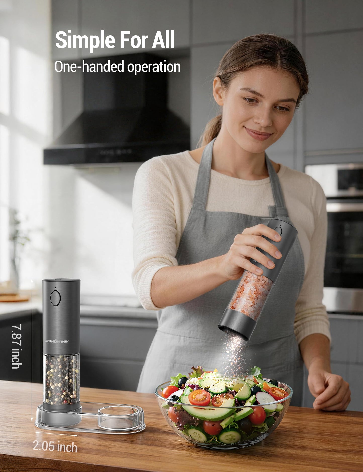 ThermoMaven Electric Salt and Pepper Grinder Set, 110ml Larger Rechargeable Automatic Salt and Pepper Mill Grinder with 6 Adjustable Coarseness, Electric Salt and Pepper Shakers, LED, Gun Grey