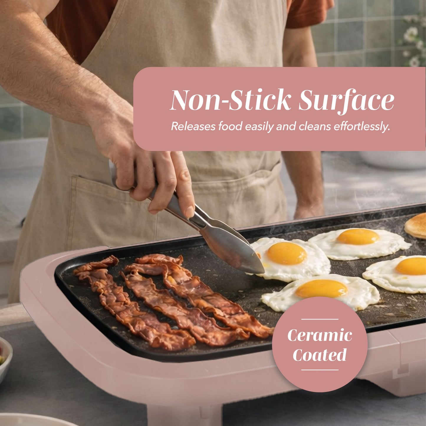 COOK WITH COLOR Electric Griddle 1200W, Nonstick Surface for Pancakes, Burgers, Eggs & More, Removable Temperature Control, Slide-Out Drip Tray, 10" x 16" Cooking Area, Dusty Rose