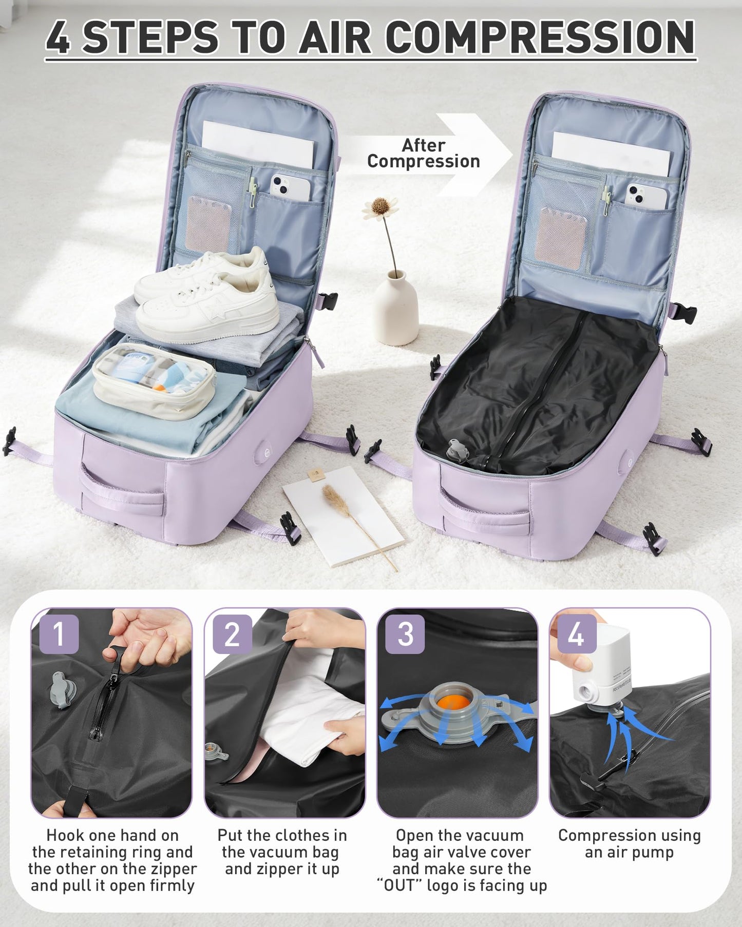WONHOX Vacuum Seal Backpack for Travel with Air Pump Compression Daypack Personal Item Carry on Flight Approved Vacpack Laptop Space Saver Bags Storage with Vacuum System Travel Bag Women Men Purple