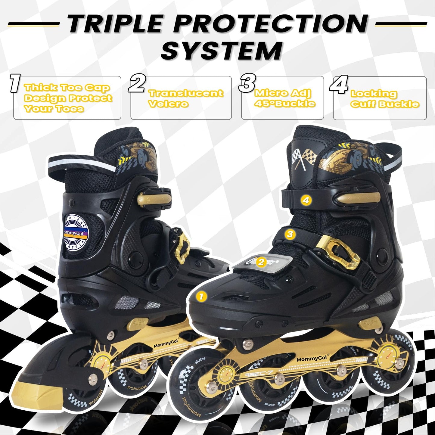 MammyGol Inline Skates for Boys and Girls Youth, 4 Size Adjustable Roller Skates with PU Flashing Wheels, Aggressive Inline Skates High Performance for Kids Age 6-12, Gold Black