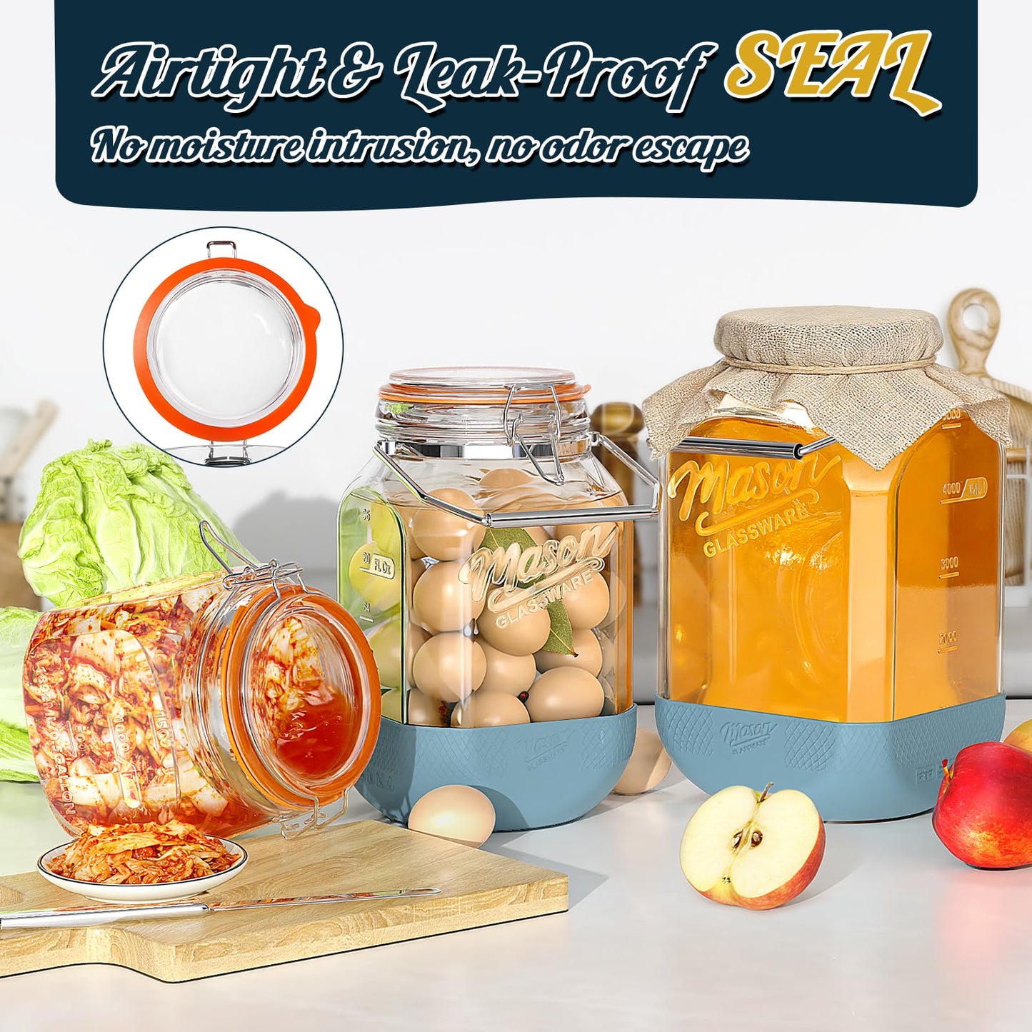 2 Pack Square 1 Gallon Glass Jar with Airtight Lid, Large Mason Jars Wide Mouth 128 Oz with Scale Marks & Handle, Glass Storage Containers with Anti-slip Base for Kitchen, Pantry, Laundry Room, Flour
