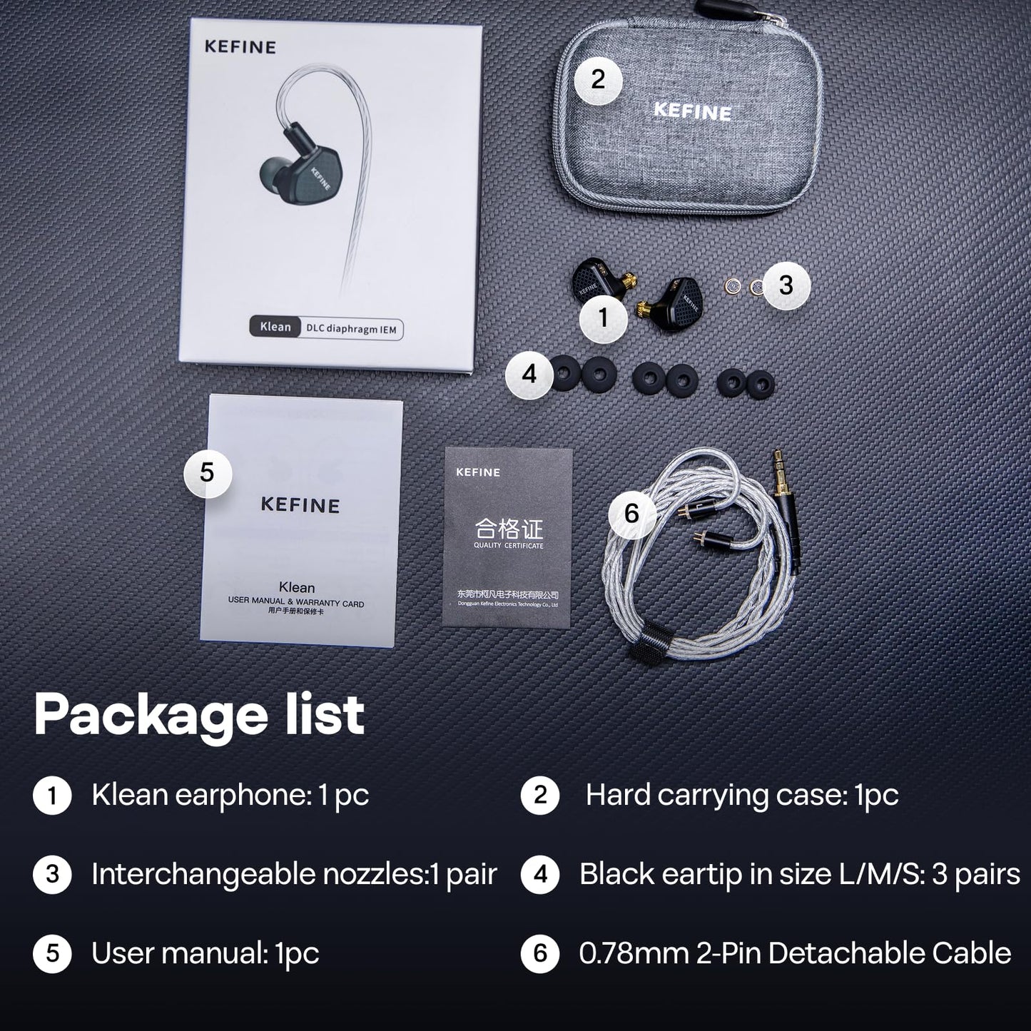 Linsoul Kefine Klean in Ear Monitor,10mm DLC Diaphragm Dynamic Driver HiFi Earphones,Wired Gaming Earbuds,Replaceable Nozzles,Detachable Silver-Plated Cable for Audiophile (No Mic 3.5mm, Black)