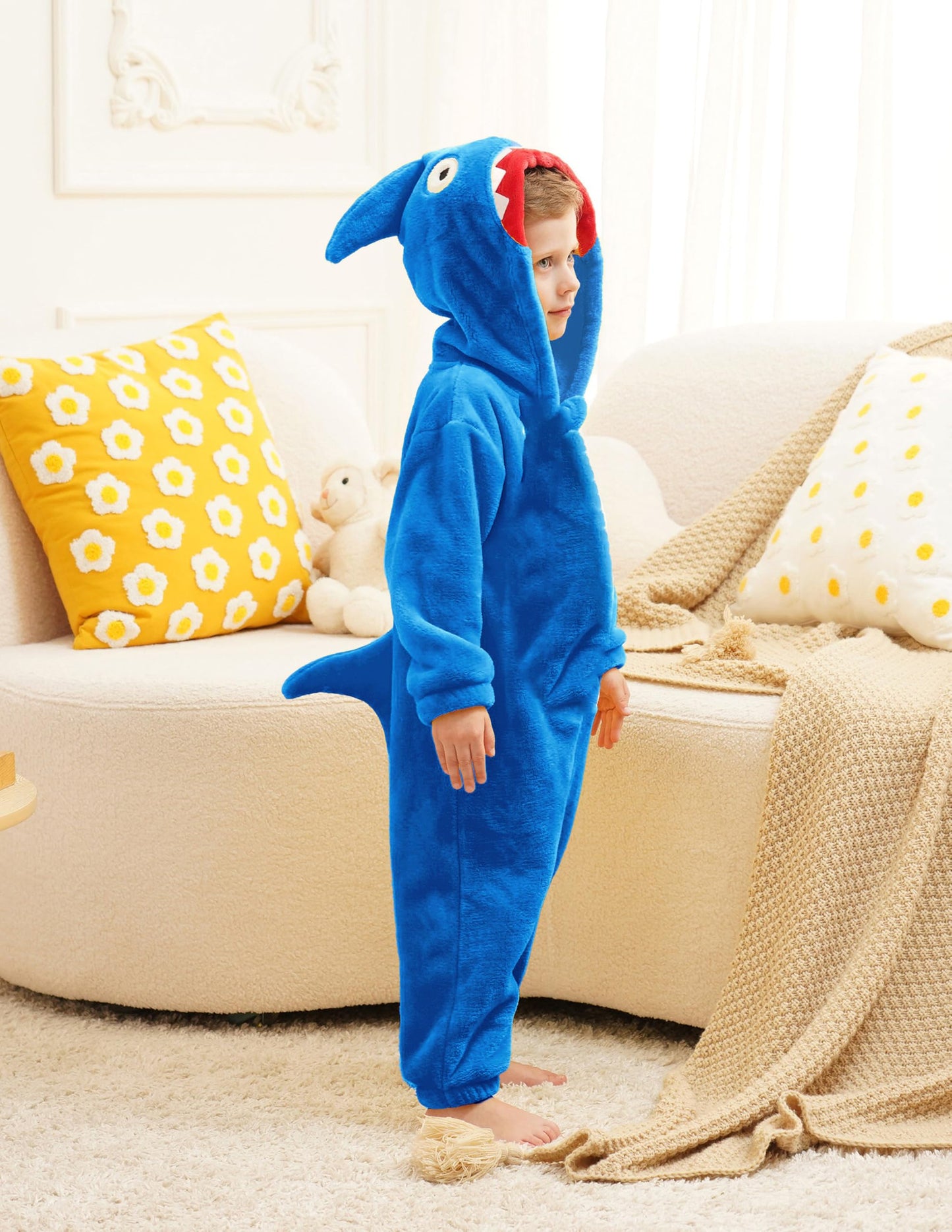 LOLANTA Boys' Girls' Halloween Shark Costume Soft Animal One-piece Jumpsuit for Kids Holiday Birthday Gift (Blue, 4-6 Years)