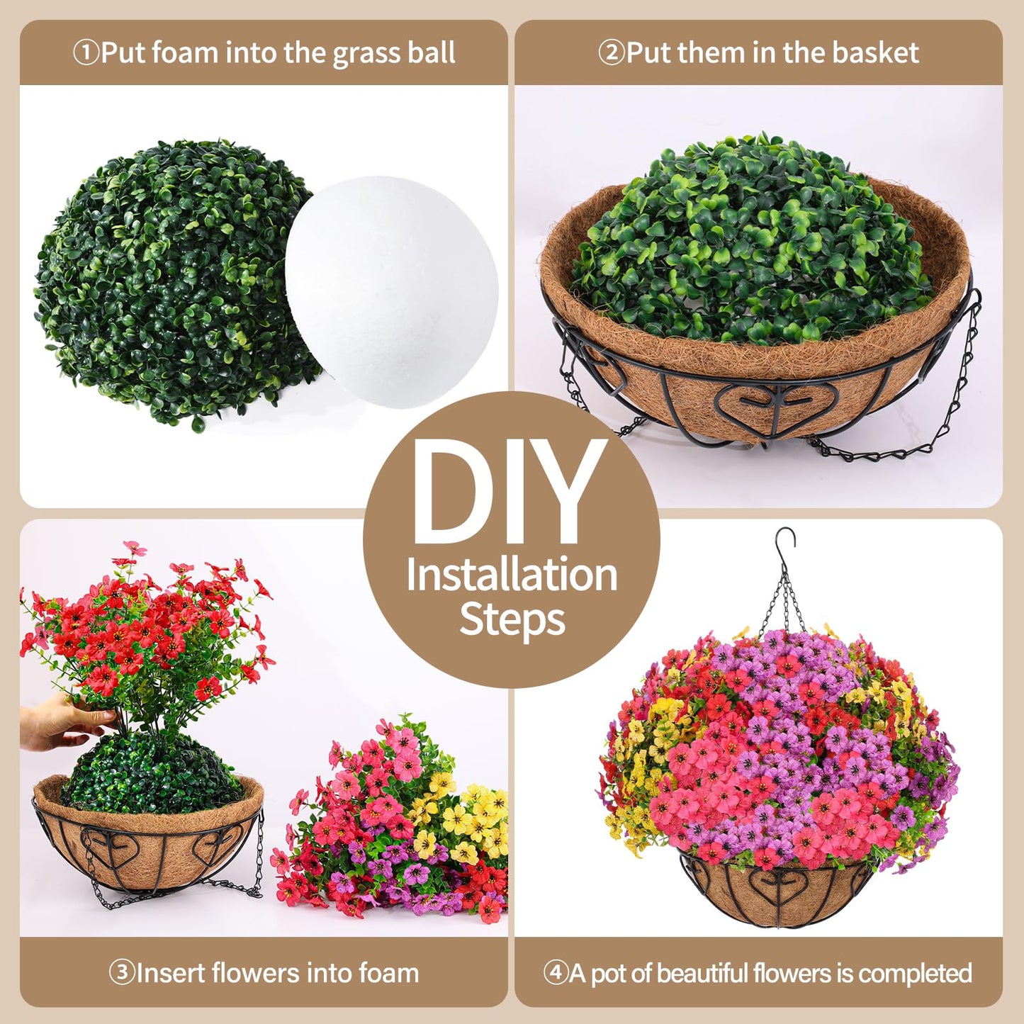 LetuoClips 2 Sets Artificial Hanging Flower for Outdoors, Fake Hanging Basket for Outside,2 Hanging Basket with 26 Pcs Faux Silk Flowers for Porch, Balcony and Patio Decor(Mixed)