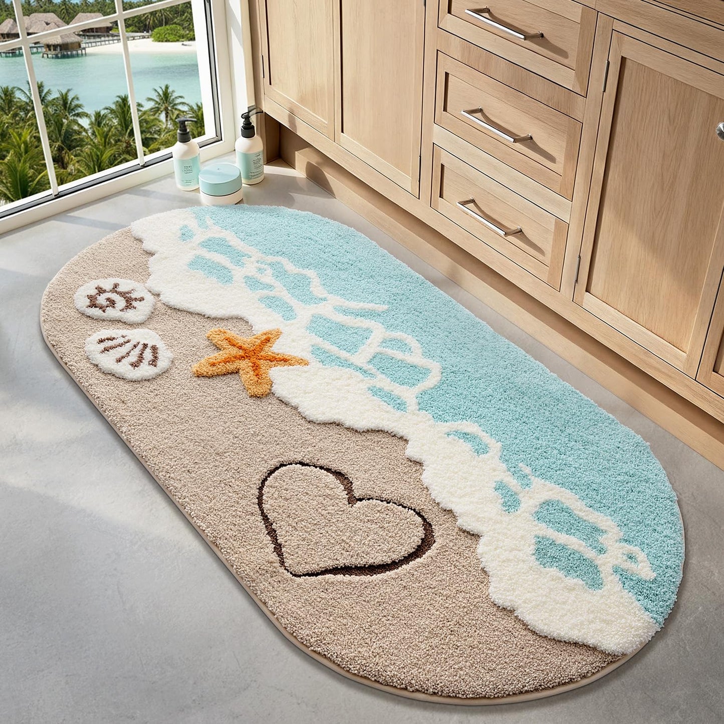 LUMI Extra Large Beach Bathroom Rugs, Non Slip Bath Mat Ultra Soft Washable Absorbent Quick Dry, Ocean Sea Theme Bath Rug with Starfish Shell for Shower Floor, Kitchen Decor, Kids Room, 30"x60"