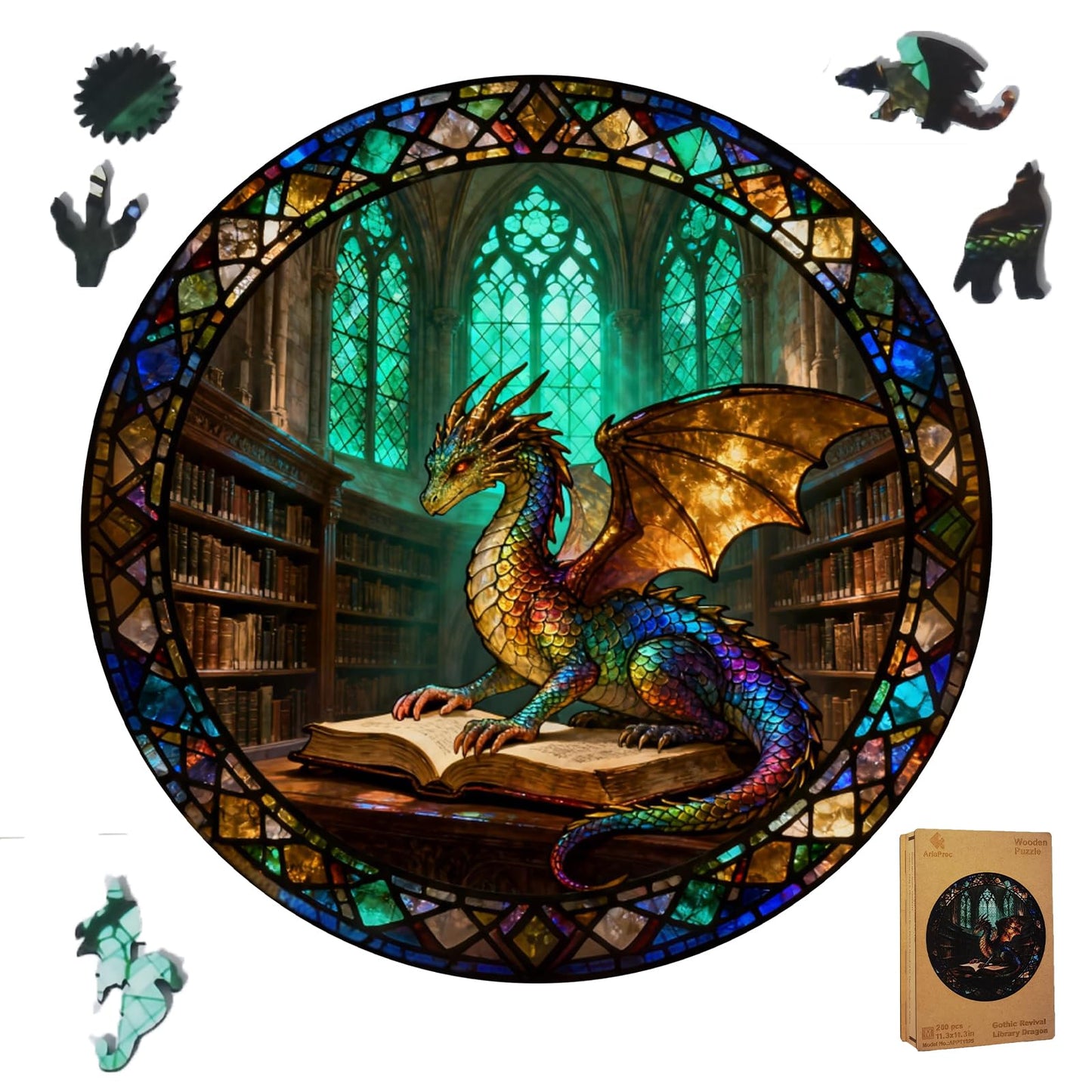 Gothic Revival Library Dragon Wooden Jigsaw Puzzle for Adults - 300 Pieces, 13.4" x 13.4" - Unique Dragon & Book Art, Creative Gift & Fun Family Game