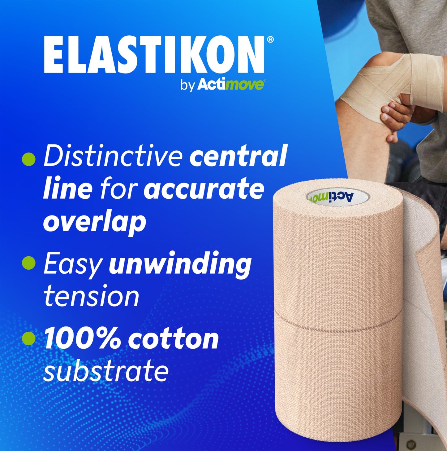 ELASTIKON by Actimove Soft Cotton Elastic Tape, Provides Mid-Level Compression and Support for Sprains, Strains, Muscle Injuries, Strong Adhesion - 4 in x 2.5 yd, 6 Rolls