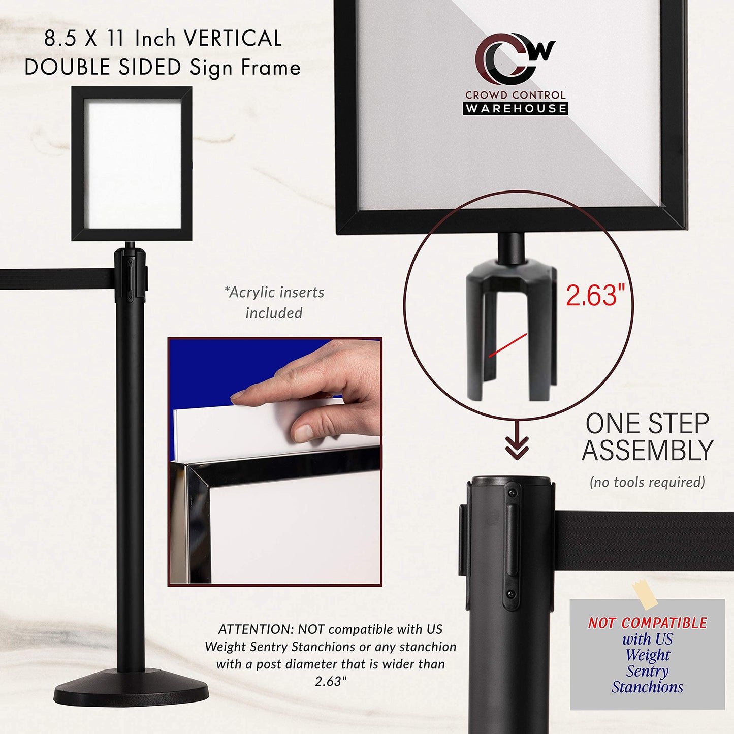 Crowd Control Warehouse Stanchion Post Top Sign Frame, 8.5 x 11 Inch Vertical Black Steel