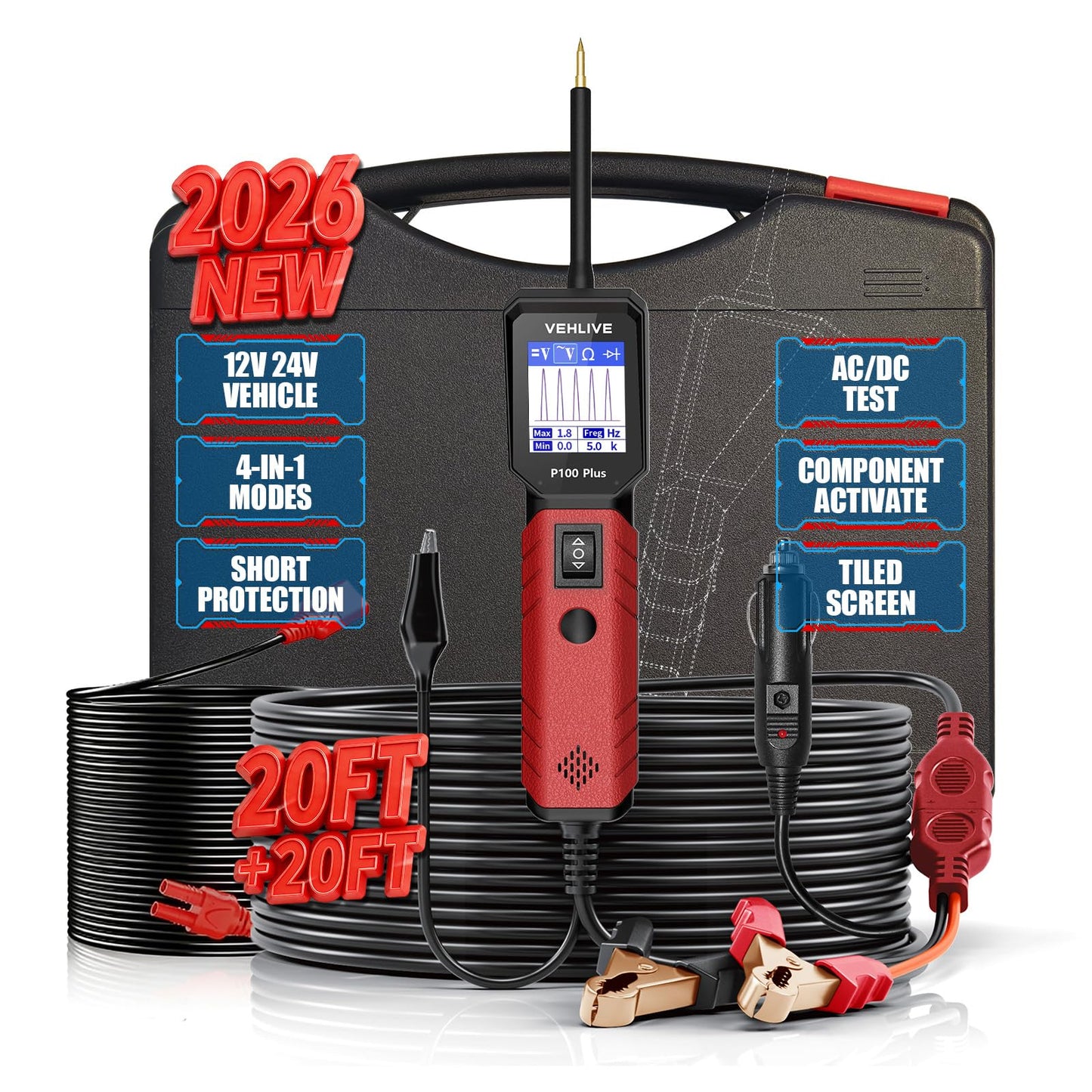 VEHLIVE P100 Plus Automotive Power Circuit Probe Tester,12V 24V Car Automotive Diagnostic Test Tool, Digital Volt Ohm Meter,Circuit Fault Finder w/ 40FT Cable & Tilted Screen
