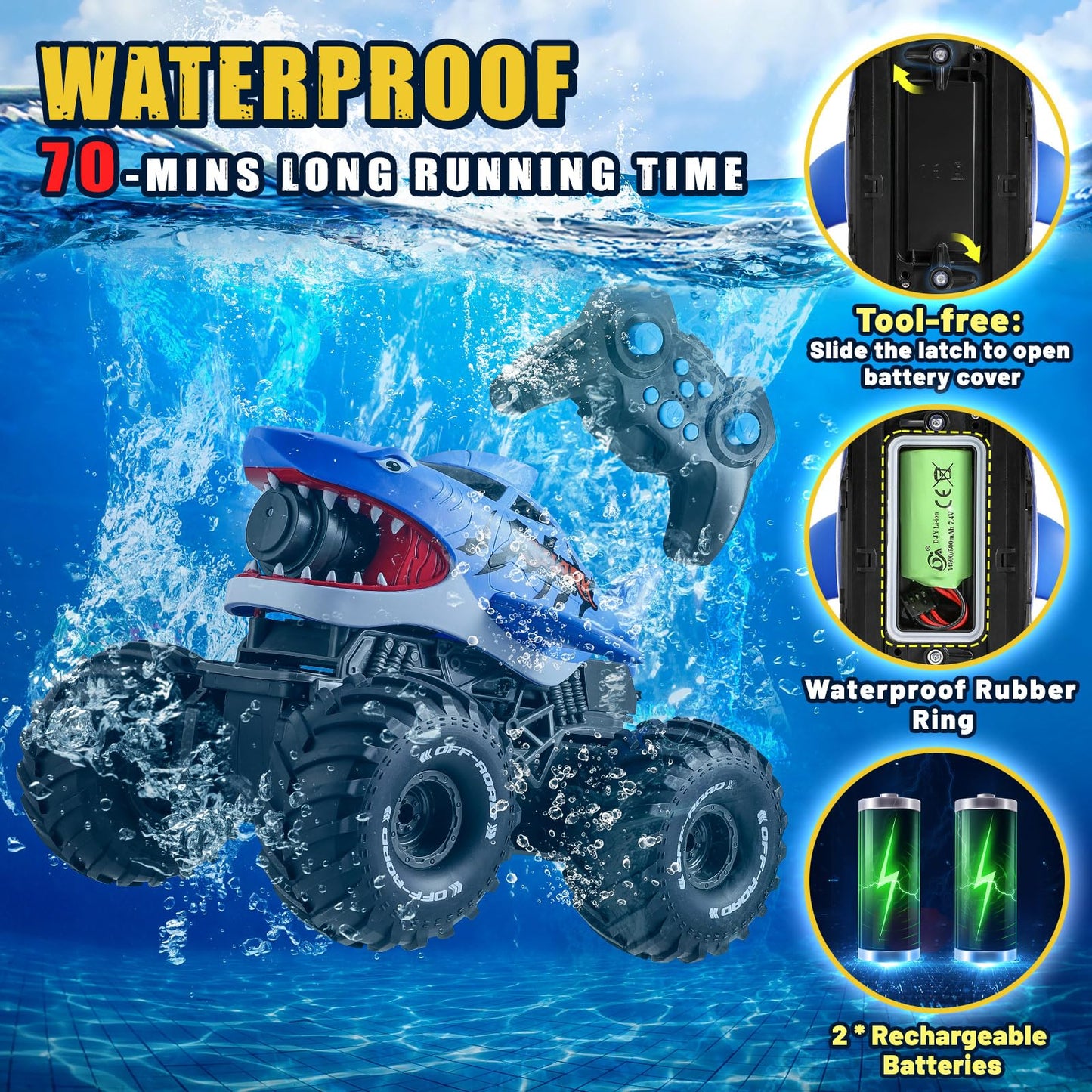 BOBXIN Amphibious Remote Control Shark Monster Truck with Water Squirt,4WD All-Terrain Off-Road 2.4Ghz Waterproof RC Stunt Car Pool Water Toys for Kids Age 6+