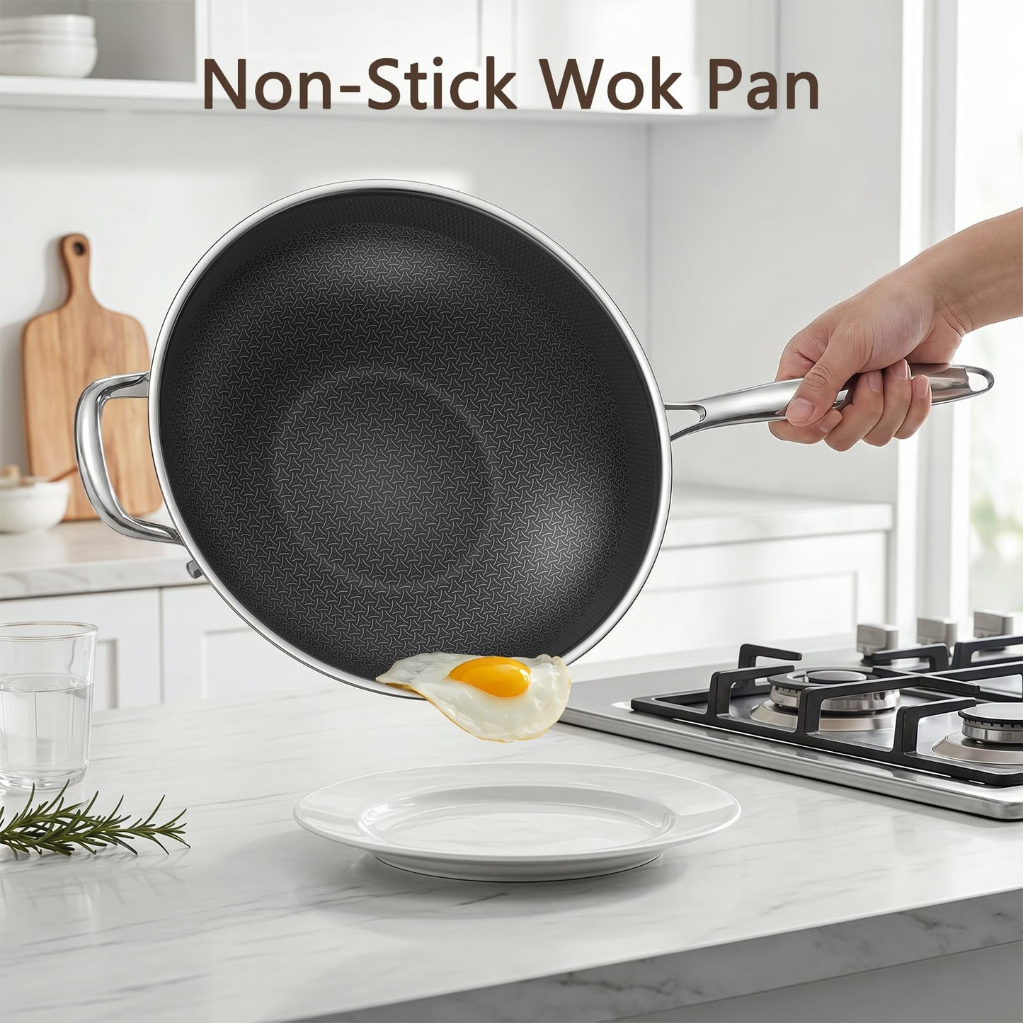 Uven Traoqq 12.5-Inch Hybrid Stainless Steel Wok Pan with Lid, Laser-Textured Nonstick Stir Fry Pan, PFOA-Free, Induction Compatible, Oven & Dishwasher Safe for All Cooktops