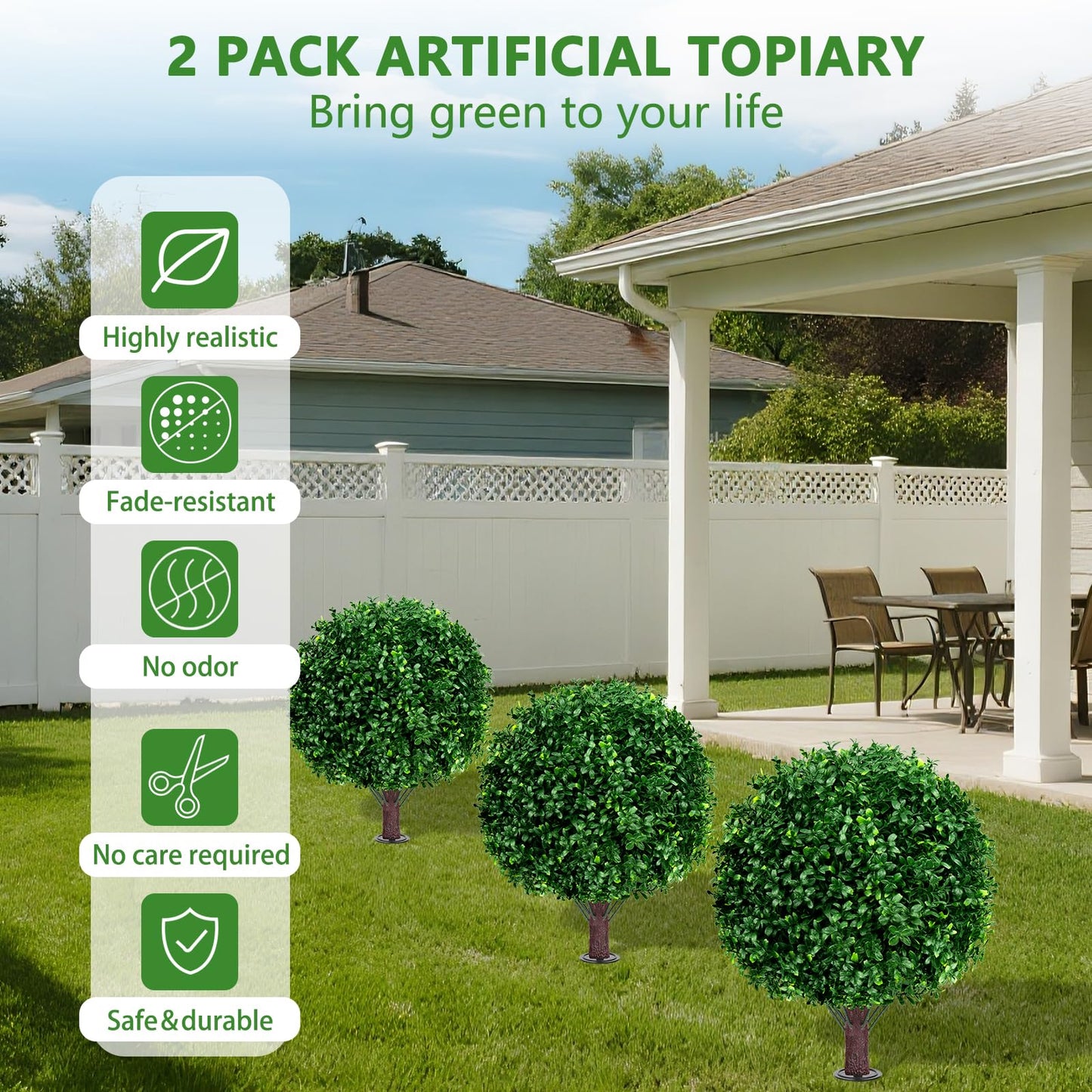Yangrass Artificial Boxwood Topiary Ball Tree Set of 2, UV Resistant Artificial Outdoor Shrubs with Spike, Decorative Evergreen Fake Topiary Bushes Plant for Front Porch Garden