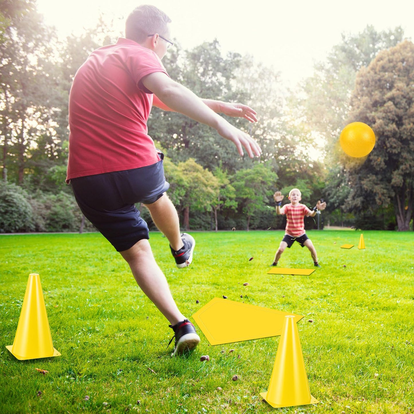 Jenaai 20 Pcs Sports Kickball Set, 3 10'' Playground Ball, 5 Rubber Throw Down Bases, Ball Pump, Net Bag, 10 Foul Line Cones, Kickball All in One Kit for Kids Adults Playground Backyard Game (Yellow)