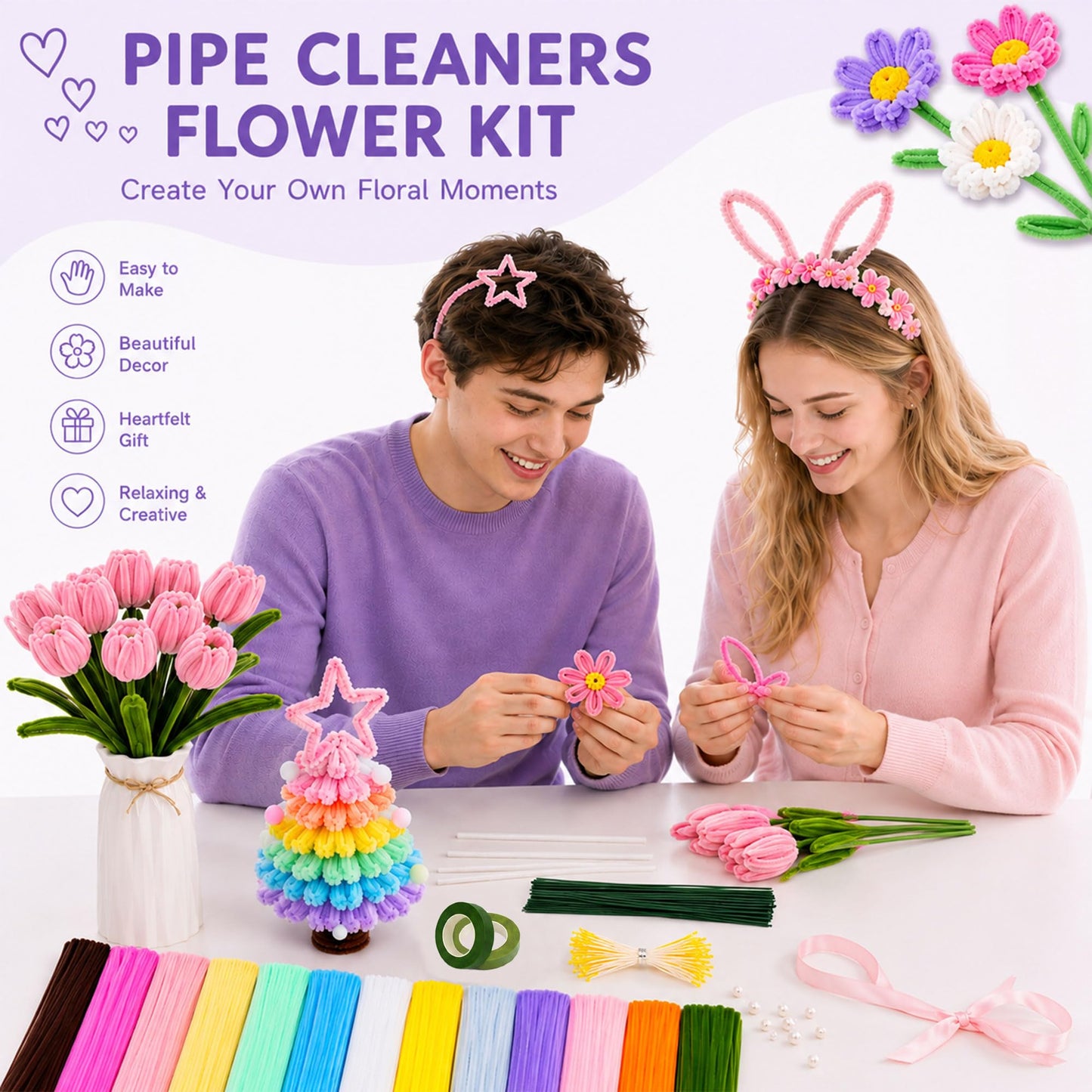 900pcs Pipe Cleaners Craft, Pipe Cleaner Bulk Flower Kit, 14 Colors Pipe Cleaners Bulk with Flower Stems, Stamens, Floral Tape & Ribbon for DIY Bouquets, Art and Craft Supplies