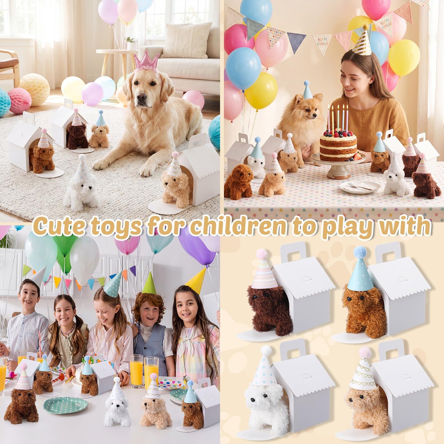 Motionchic 20 Pcs Mini Stuffed Animals Set Includes 20 Birthday Hats 20 Kraft Paper Boxes for Animal Theme Birthday Party Supplies Favors Gifts(White,Classic)