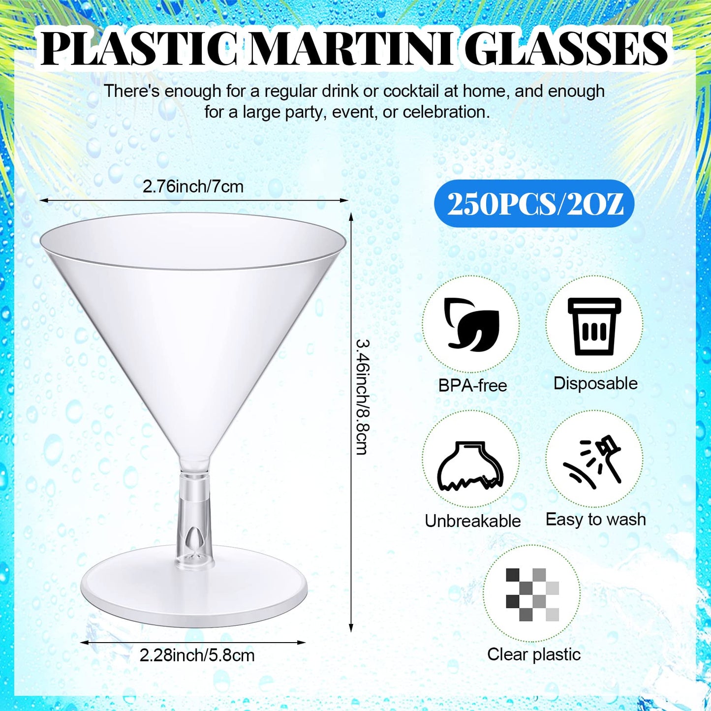 Rtteri 250 Pcs Mini Martini Glasses Plastic 2 Oz Disposable Martini Cups Clear for Weddings Party Wine Cocktails Drinks Desserts(Regular Style)