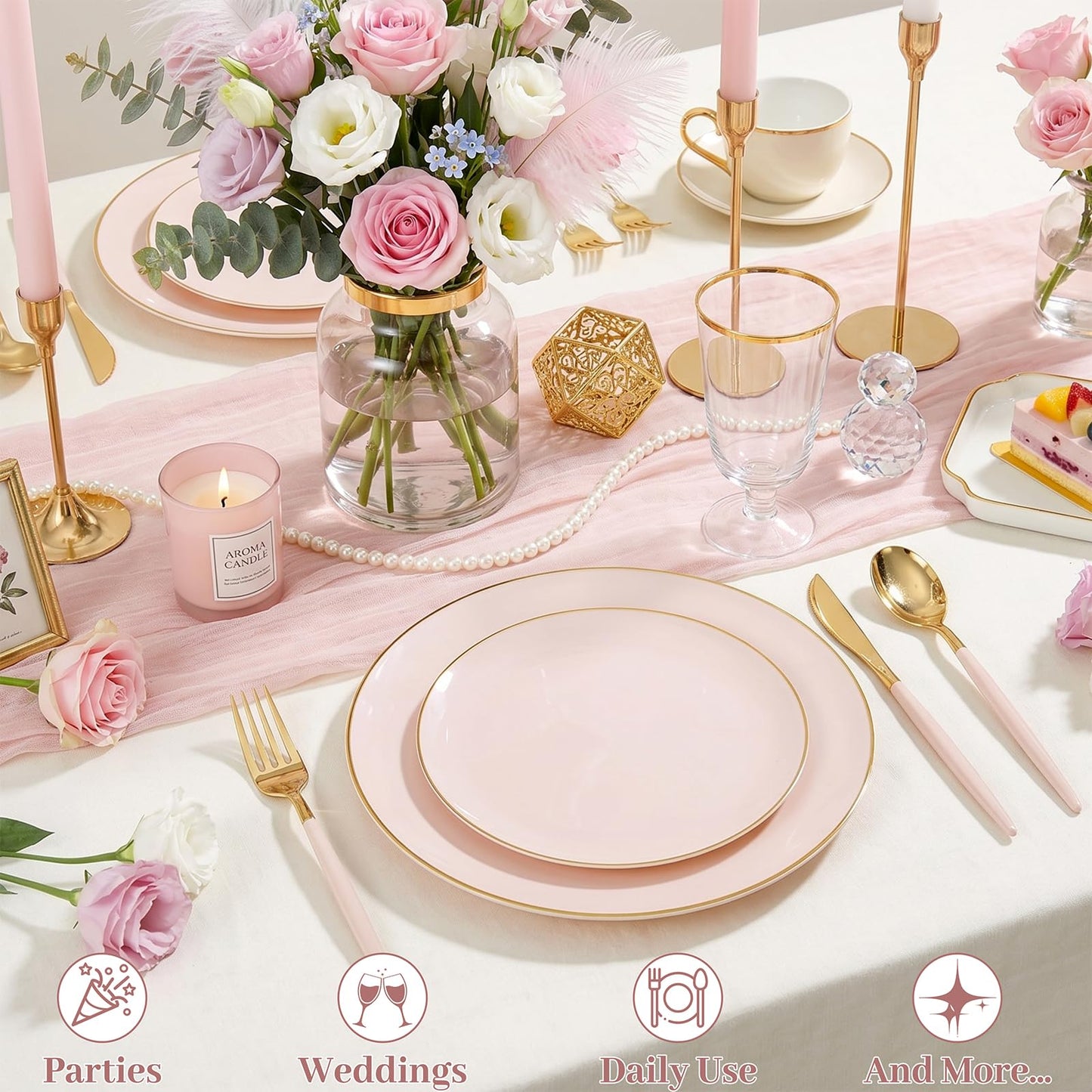 DaYammi 150Pcs Pink Plastic Plates with Gold Rim,Elegant Disposable Dinnerware with Gold Cutlery - 30 Dinner Plate,30 Dessert Plate,30 Knives,30 Forks,30 Spoons,Fancy Pink Plates for Party Wedding