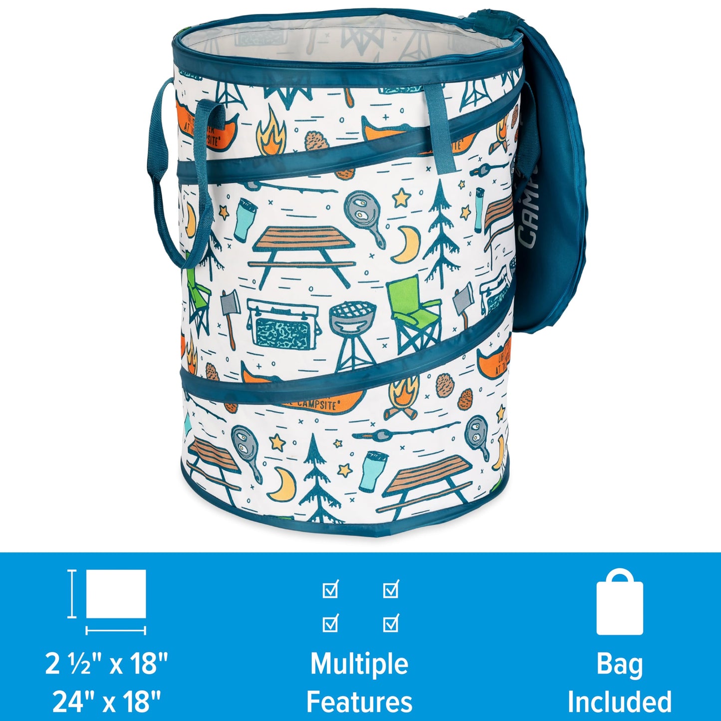 Camco Pop-Up Utility Container - Use as Collapsible Trash Can When Camping - Holds 30-Gallon Kitchen-Size Trash Bags - Stands 2-Ft Tall & Collapses for RV Storage and Organization (42997)